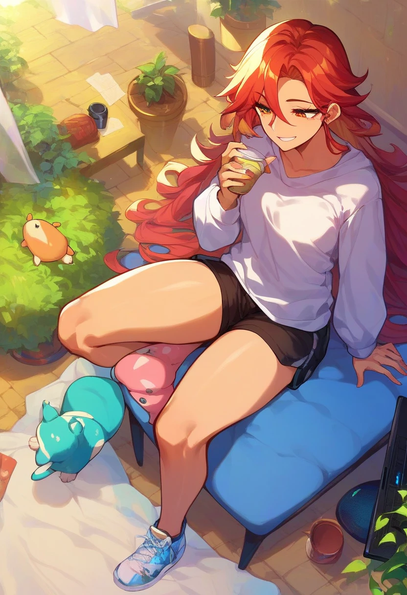 sCore_9,sCore_8_above,Core_7_above,   mavuika-gi   ,  a girl, d cup breasts, alone, long hair, neckline,   pechos grandes , sky, blows, smile, outdoors, Body, day, soft thighs, adult, wearing a sweatshirt and shorts, working on a laptop, living room, home