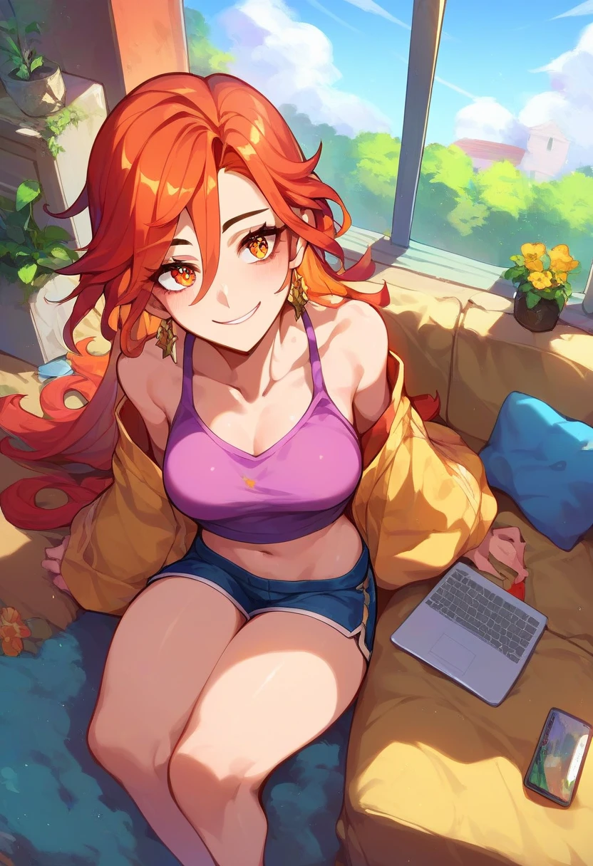 sCore_9,sCore_8_above,Core_7_above,   mavuika-gi   ,  a girl, d cup breasts, alone, long hair, neckline,   pechos grandes , sky, blows, smile, outdoors, Body, day, soft thighs, adult, wearing a sweatshirt and shorts, working on a laptop, living room, home