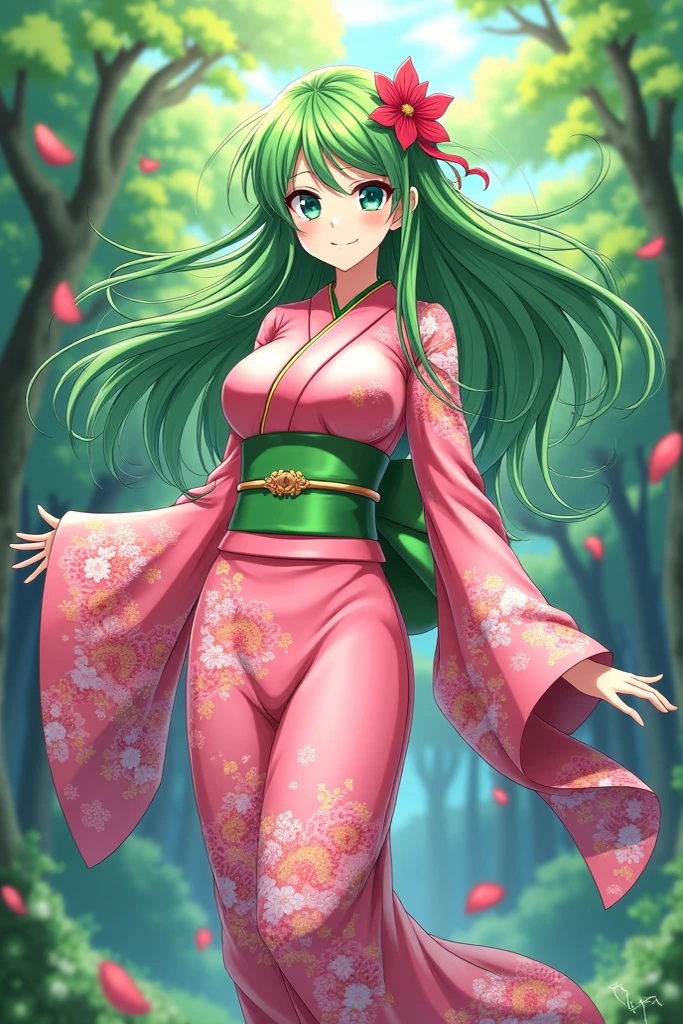 Kanna Blaster Master, floral fauna, female, fully clothed), toon, huge breast, smile, green hair, long dress, full body,
