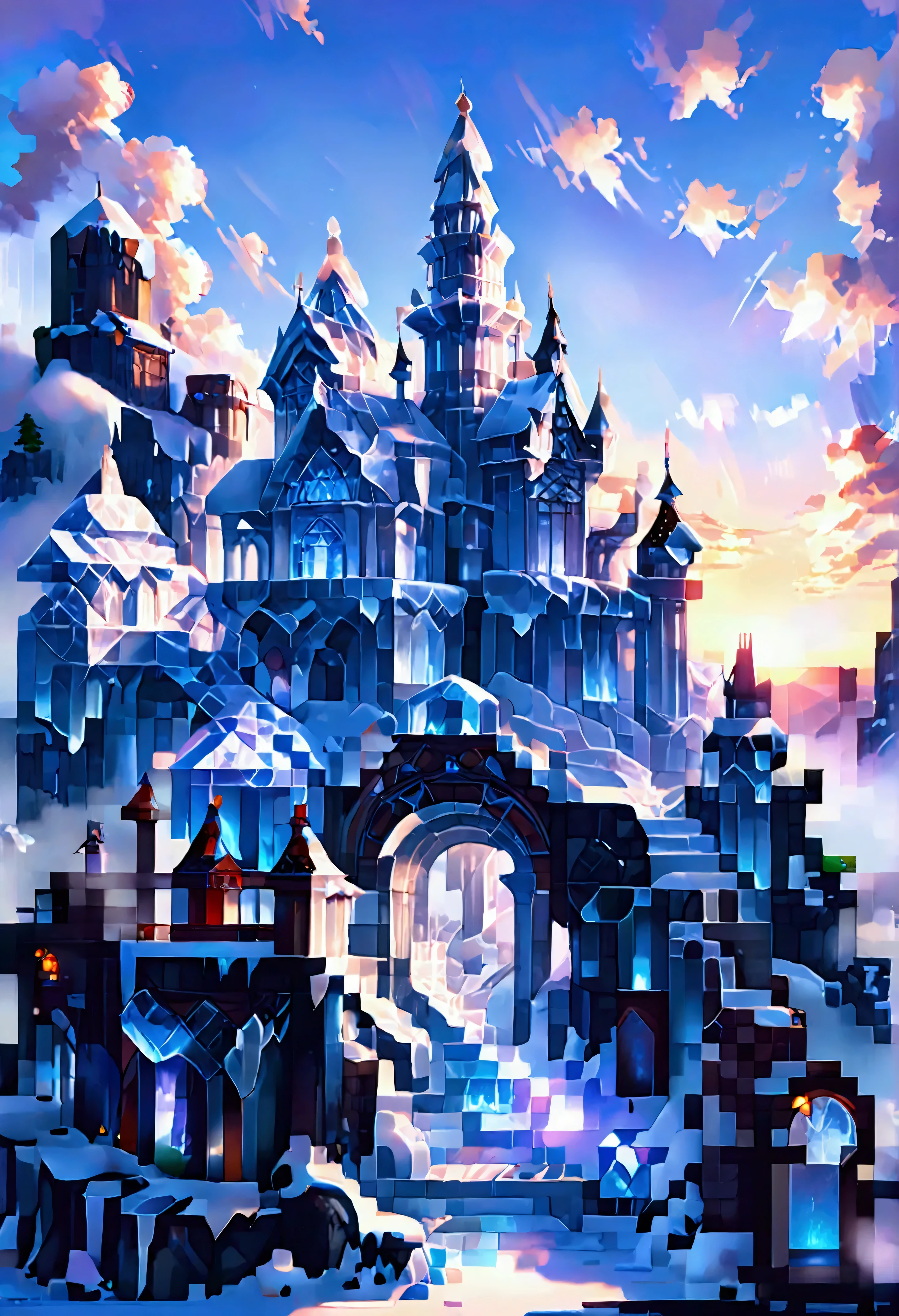 Pixel Art, a panoramic award winning photography, Photorealistic, extremely detailed of a castle (made from ice: 1.3) standing on the peak of a snowy mountain, an impressive best detailed castle made from ice (Photorealistic, extremely detailed), with towers, bridges, a moat, standing on top of a snowy mountain (masterpiece, extremely detailed, best quality), with pine trees, sunset light, some clouds in the air,  alpine mountain range background, best realistic, best details, best quality, 16k, [ultra detailed], masterpiece, best quality, (extremely detailed), ultra wide shot, photorealism, depth of field, made of icecarvingcd_xl, Pixel Art
