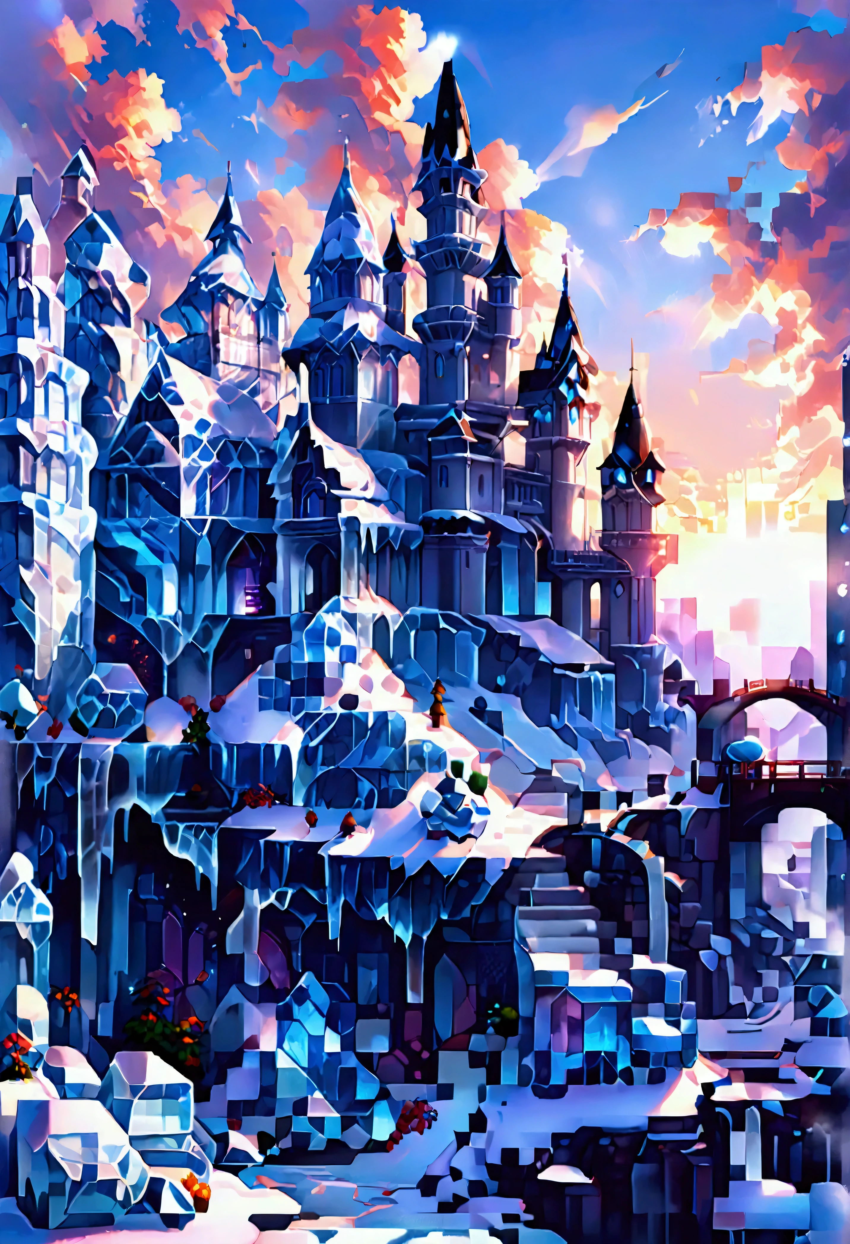 Pixel Art, a panoramic award winning photography, Photorealistic, extremely detailed of a castle (made from ice: 1.3) standing on the peak of a snowy mountain, an impressive best detailed castle made from ice (Photorealistic, extremely detailed), with towers, bridges, a moat, standing on top of a snowy mountain (masterpiece, extremely detailed, best quality), with pine trees, sunset light, some clouds in the air,  alpine mountain range background, best realistic, best details, best quality, 16k, [ultra detailed], masterpiece, best quality, (extremely detailed), ultra wide shot, photorealism, depth of field, made of icecarvingcd_xl, Pixel Art
