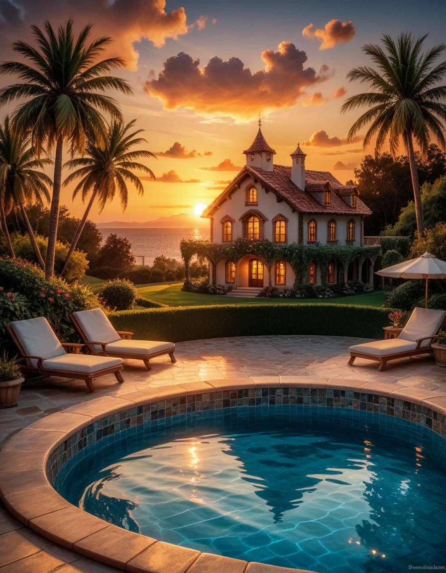  view of the house with pool and sunset ,  paradise in the background  , sunset time, beautiful  sunset lighting ,  Luxurious furnishings ,  sunset view , golden time,  beautiful sunset , beautiful view ,  sunset lighting , Beautiful sunset, warm beautiful scene, beautiful house,  Relaxing atmosphere , Stunning sunset, A beautiful place,  Gorgeous romantic sunset , великолепный фон  realistic image , masterpiece,  artwork ,  hyperrealistic, rendering ,  realistic physical rendering ,  photorealistic rendering ,  highly detailed ,  high-quality render ,  architectural rendering ,  very realistic 3D render ,  realistic image 