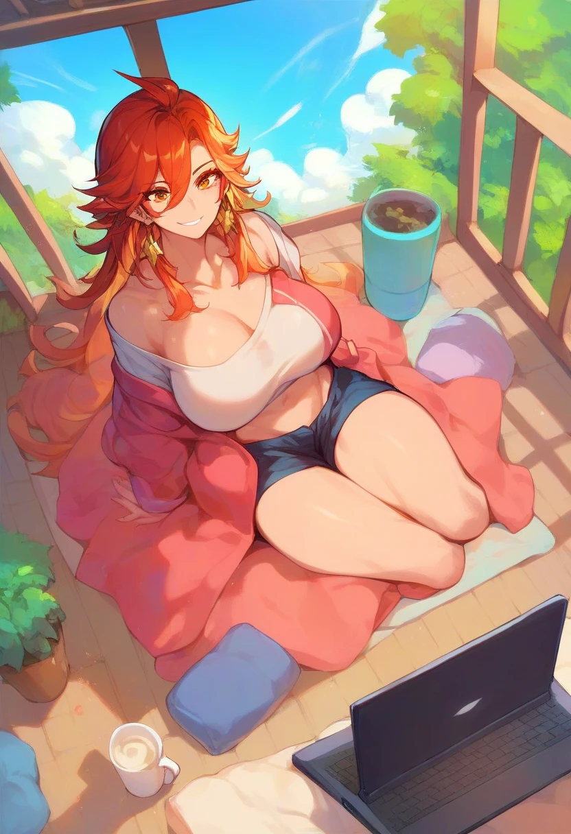 sCore_9,sCore_8_above,Core_7_above,   mavuika-gi    ,  a girl, d cup breasts, alone, long hair, neckline,    big breasts , sky, blows, smile, outdoors,  Body, day, soft thighs, adult, I was wearing a ,  top and shorts working on a laptop,  living room , home