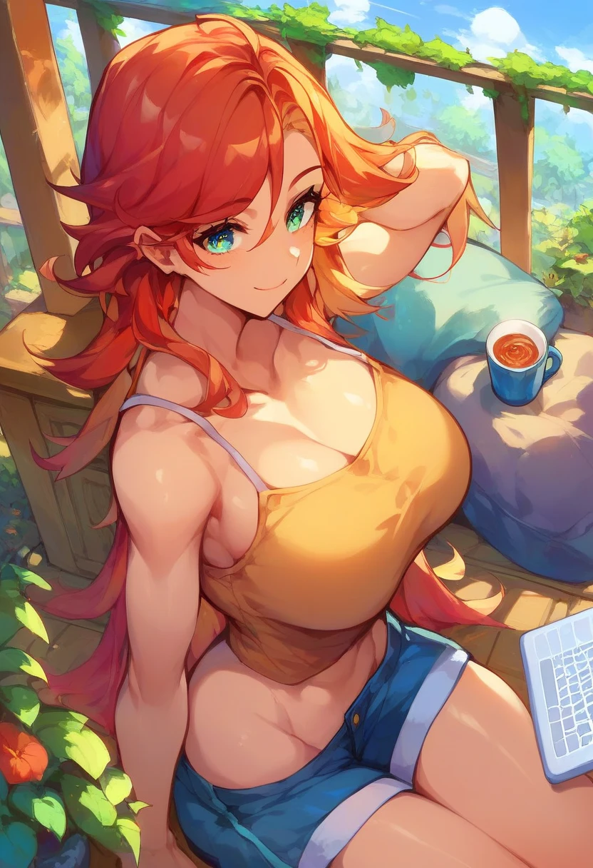 sCore_9,sCore_8_above,Core_7_above,   mavuika-gi    ,  a girl, d cup breasts, alone, long hair, neckline,    big breasts , sky, blows, smile, outdoors,  Body, day, soft thighs, adult, I was wearing a ,  top and shorts working on a laptop,  living room , home