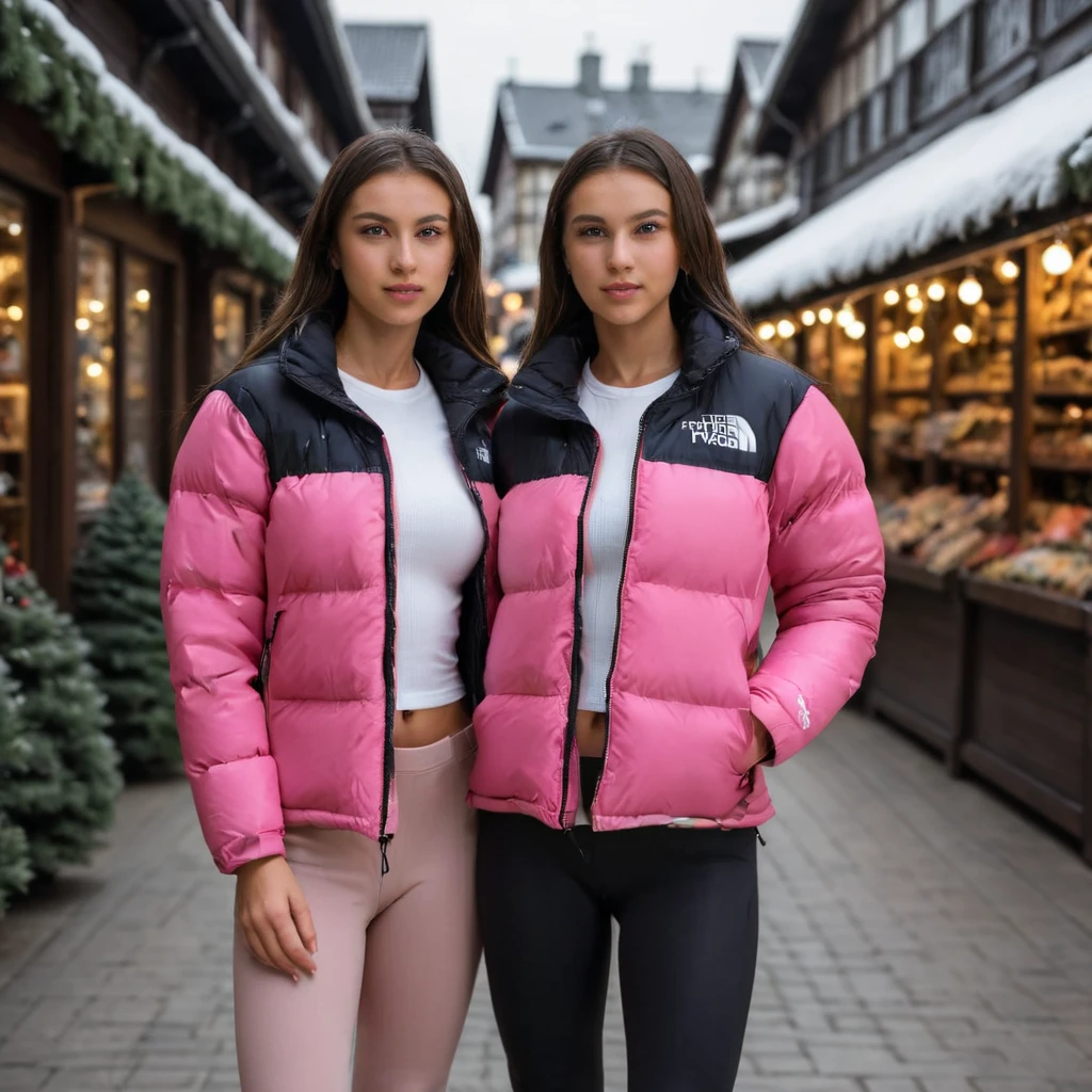  young girl, s,  big breasts,  have long brown hair ,  wears pink TNF _Nuptse Jacket,  wears a white top underneath,  wears very tight gray leggings,  strolls through the Christmas market,  cup in hand .  Next to her a young man , Her age ,  troughs black TNF _Nuptse Jacket,  wears wide blue jeans ,  runs close to her , hold hands 