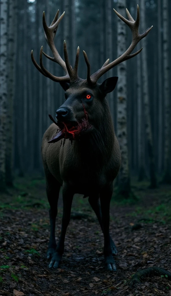 a huge zombiecreature deer-monster on all fours with big horns and red glowing eyes  is standing on all fours in the dark forest, amateur camera footage, dead bloody small deer in his mouth, blood dripping