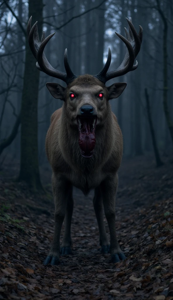 a huge zombiecreature deer-monster on all fours with big horns and red glowing eyes  is standing on all fours in the dark forest, amateur camera footage, dead bloody small deer in his mouth, blood dripping