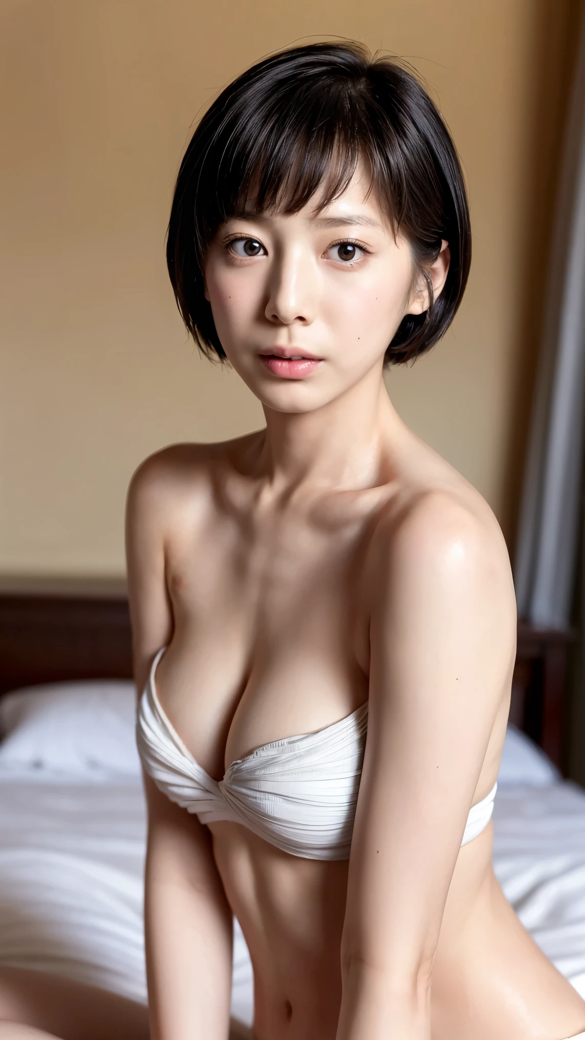 ((  Transistor Glamour, Petite women,   function, Voluptuous women,    no makeup, 柔らかい笑face)), (((In the bedroom,   small eyes  , length, Narrow eyes, Small hands,   black hair,   short bob hair))), (  full-body portrait crossing the camera,   shorthair,    Big Breasts  , Completely naked,   protruding nipples,   Thick pubic hair  ),   white skin, Glossy pale lips,   skinny, Body Type,   delicate and sexy collarbone  ,  top quality,  RAW photos from the past 100 years ,  realistic , face,   Very Beautiful , cute,   Depth of Written Border  ,  there is nothing, 超   Details,    Details, Very    Details, extremely    Details eye and face,   sharp pupils,    Sharp Concentration Capturing Natural Beauty and Mercy,   movie lights