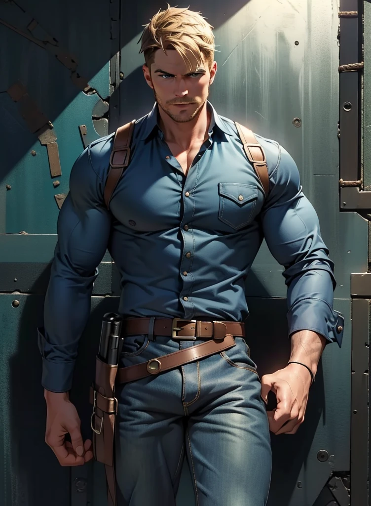 1 man, male focus solo,45 yo man,Stephen AMELL as private investigator,  lean muscle, open blue shirt, marine blue jeans with brown belt ,( big bulge), full body shot, dark blond short hair, well groomed facial hair, holding a gun with one hand, , ultra high quality, masterpiece, ( ever changing background, blue and white and green arabesques lines in the blackground)