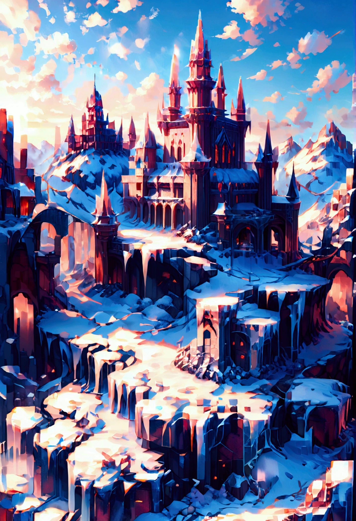 ((Pixel Art: 1.5) a panoramic award winning photography, Photorealistic, extremely detailed of a castle (made from ice: 1.3) standing on the peak of a snowy mountain, an impressive best detailed castle made from ice (Photorealistic, extremely detailed), with towers, bridges, a moat, standing on top of a snowy mountain (masterpiece, extremely detailed, best quality), with red trees, orange trees, sunset light, some clouds in the air,  alpine mountain range background, best realistic, best details, best quality, 16k, [ultra detailed], masterpiece, best quality, (extremely detailed), ultra wide shot, photorealism, depth of field, made of ais-icebaby, Pixel Art

