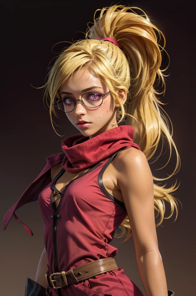 1girl, ((deep tan skin)), (glasses), freckles, eyebrow scar, (((blonde hair))), two-tone hair, dark fuchsia tips, dark fuchsia highlights, (dark fuchsia eyes), wild hair, (((ponytail))), dark fuchsia clothes, dark orange clothes, flat chest, small breasts, (large fuchsia scarf), asymmetrical gloves, belts, blank background
