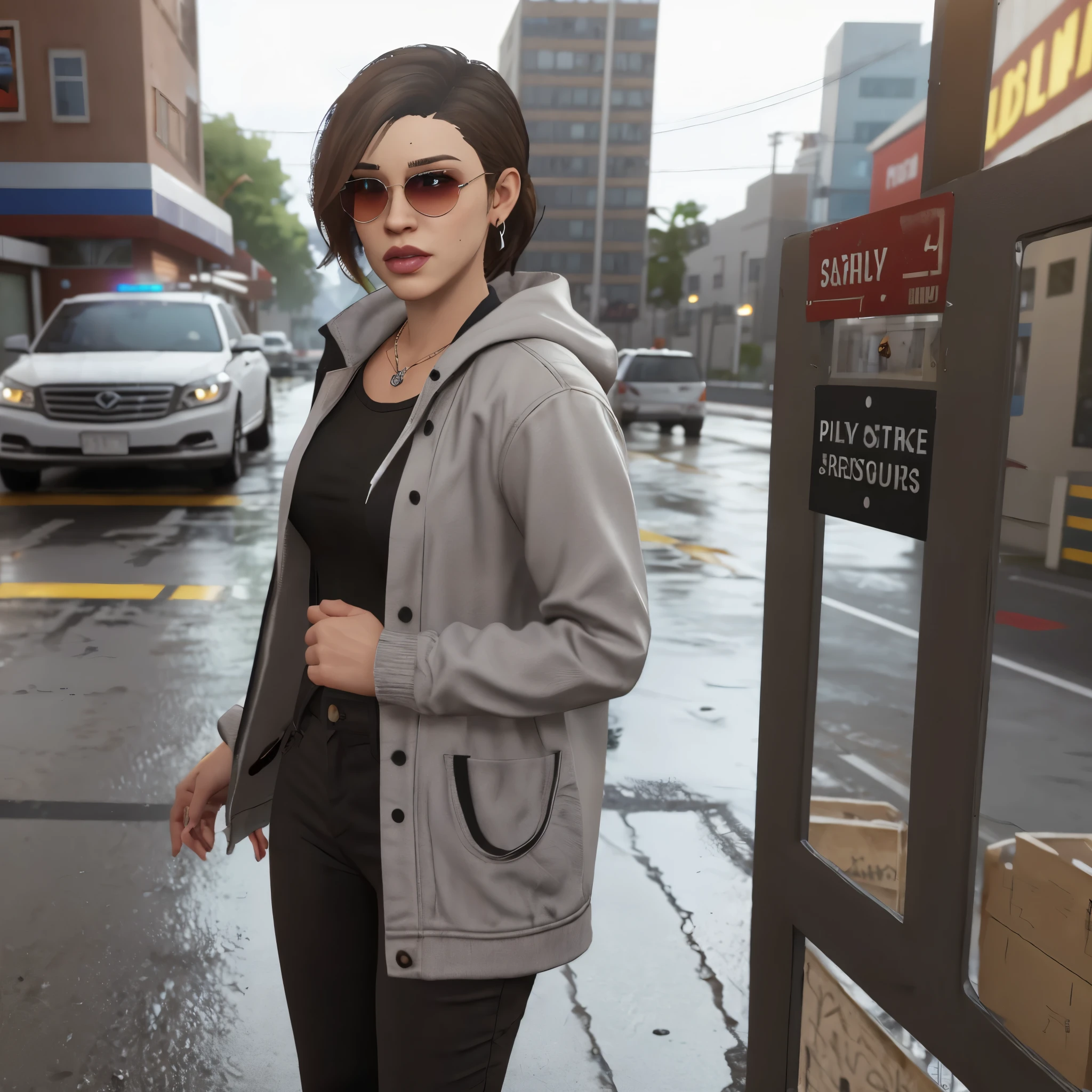 ( rain & blured background, bokeh) (night )LUCIA From GTA 6: Clothing: Casual Urban Style: Lucia might wear clothing that reflects a modern, urban aesthetic, such as fitted jeans or cargo pants paired with stylish tops. Layered Looks: She could be seen in layered outfits, possibly including jackets or hoodies that add to her street-smart appearance. Footwear: Sneakers or combat boots could be part of her wardrobe, emphasizing a practical yet fashionable look. Accessories: Items like caps, sunglasses, or distinctive jewelry might be used to enhance her character and style. Facial Features: Hair: Likely to have a unique hairstyle, possibly long and wavy or styled in a trendy cut that stands out. Makeup: Her makeup could be minimal or bold, depending on her character's personality, with an emphasis on expressive features. Expressions: Expect a range of facial expressions that convey confidence, determination, or attitude, reflecting her role in the game's narrative. Speculated Characteristics of Lucia in GTA 6: Appearance: Hair: Likely to have a distinct hairstyle, possibly long or styled in a unique way. Clothing: She may wear modern, urban outfits that reflect contemporary fashion trends, possibly with a mix of casual and edgy styles. Accessories: Could include items like jewelry, hats, or bags that add to her character design. Personality Traits: Background: Might have a rich backstory that influences her personality, possibly involving elements of crime or a tumultuous past. Attitude: Expected to exhibit traits such as confidence, resilience, and perhaps a rebellious streak. Role in the Game: May serve as a playable character or a key NPC, involved in the storyline that explores themes of crime, loyalty, and survival. Setting: The environment around her could reflect the diverse landscapes and urban settings typical of the GTA series, including vibrant cityscapes or gritty neighborhoods. rain & blured background, bokeh