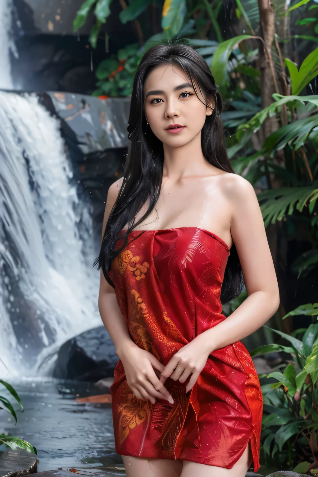 RAW, Best quality, high resolution, masterpiece: 1.3), beautiful Arabian woman, Masterpiece, rain, perfect wet soaked body, wet clothes, (big breasts:1.5), cleavage cutout, open breast, black chignon hair, open stand, realistic, (heavy hairy pubic:1.3), Soft smile, thick thighs, woman standing in the waterfall in a dark red batik patterned kebaya short dress, she is about 20 years old, pale white skin, wearing a sexy red kebaya dress, arms up