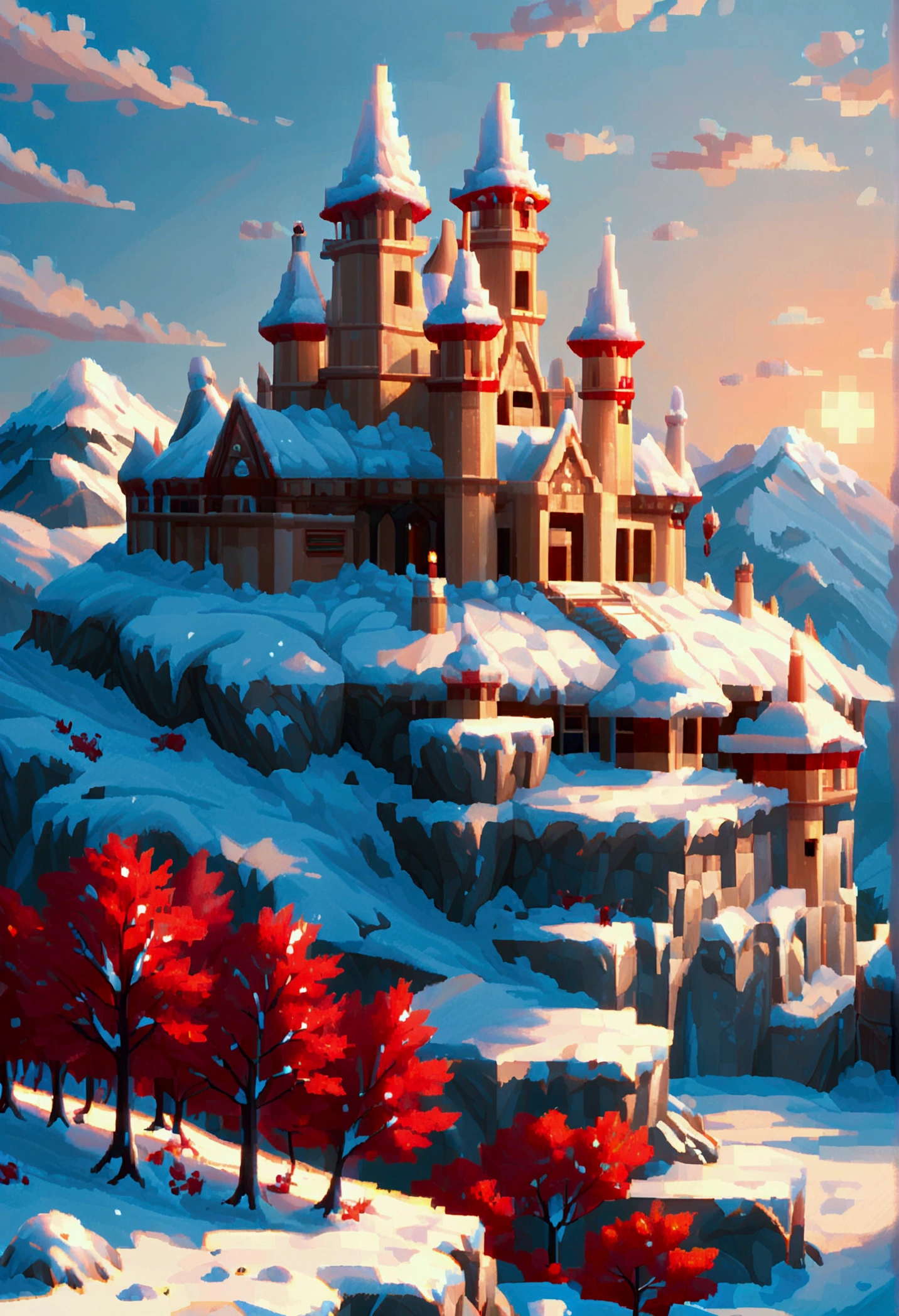 ((Pixel Art: 1.5) score_9, score_8_up, score_7_up, a panoramic award winning photography, Photorealistic, extremely detailed of a castle (made from ice: 1.3) standing on the peak of a snowy mountain, an impressive best detailed castle made from ice (Photorealistic, extremely detailed), with towers, bridges, a moat, standing on top of a snowy mountain (masterpiece, extremely detailed, best quality), with red trees, orange trees, sunset light, some clouds in the air,  alpine mountain range background, best realistic, best details, best quality, 16k, [ultra detailed], masterpiece, best quality, (extremely detailed), ultra wide shot, photorealism, depth of field, made of ais-icebaby, Pixel Art

