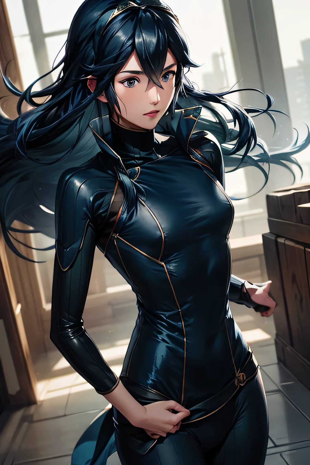  perfect anatomy 　 top quality, highest resolution,(((Shiny clothes　 dark blue hair　sweat　flat chest)))　Lucina　 Fire Emblem Awakening　Swordsman　Ancient City