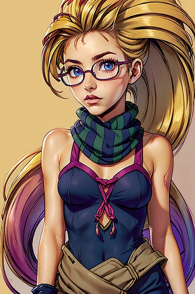 1girl, ((deep tan skin)), (glasses), freckles, eyebrow scar, (((blonde hair))), two-tone hair, dark fuchsia tips, dark fuchsia highlights, (dark fuchsia eyes), wild hair, (((ponytail))), dark fuchsia clothes, dark orange clothes, flat chest, small breasts, (large fuchsia scarf), asymmetrical gloves, belts, blank background
