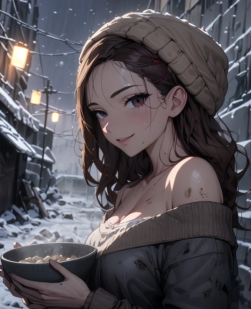 (masterpiece), 1girl, young, anime style, anime style, solo focused, snowing, snow flakes, fully body, bare shoulder, solo focused, anime style, skindation, detailed lips best quality, 8k, highres , very detailed, dark rubble background, hallow eyes, ragged cloths, barefoot, dirty body, slums, hallow eyes, empty, soulless, brown short hair, ribbon in hair, bare thighs, barefoot, holding bowl, cloudy skies, war zone, slums, short brown hair, pale, dirty body, skinny, snowing, winter night, cloudy night sky, snowing, cold breath, small bowl, looking at viewer, malnutrition, wool hat, somber smile