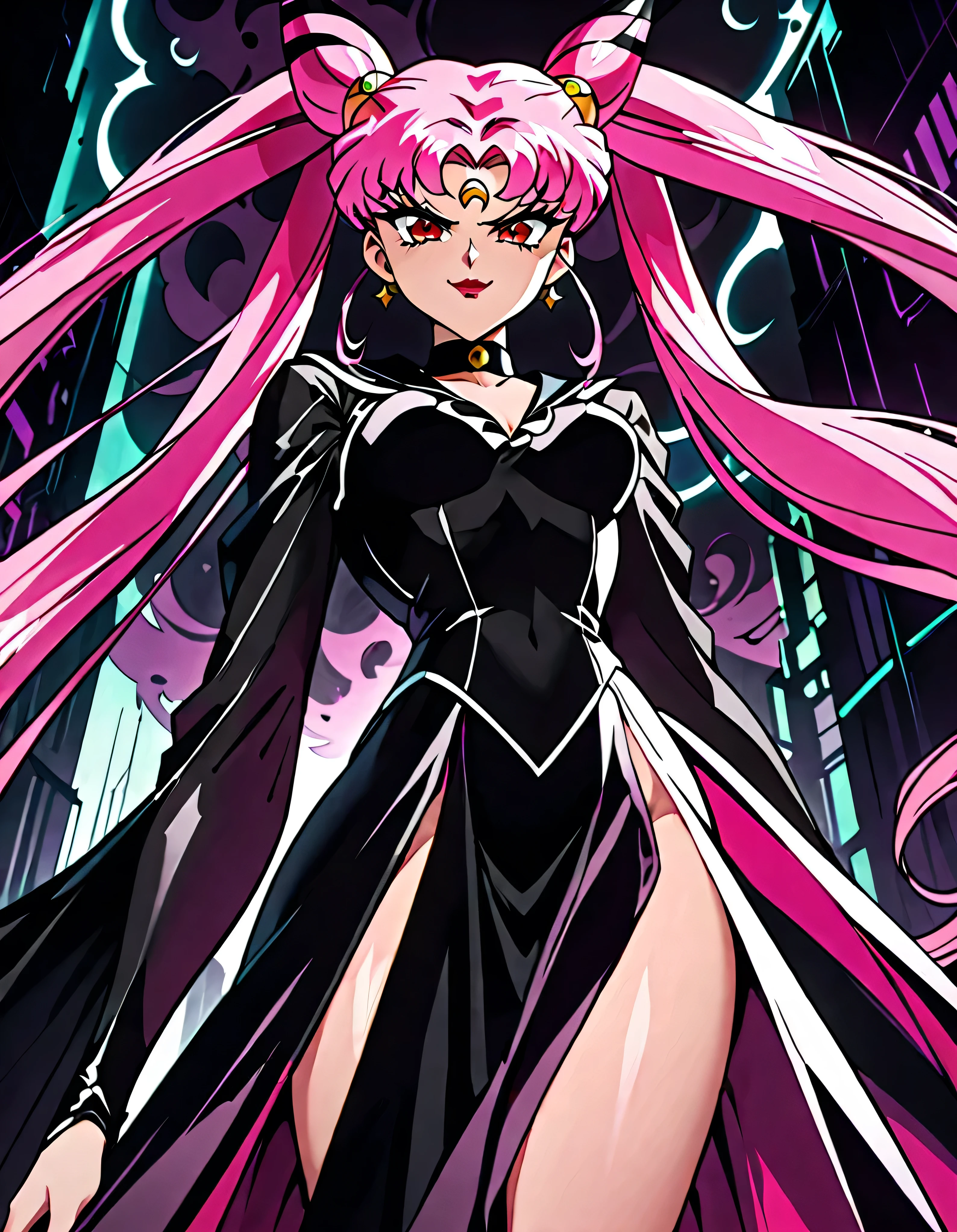  Sailor Moon Wicked Lady, Pink Hair, Red eyes, ,  Black Crescent Moon Mark on Forehead , very evil smirk,beautiful body,shaded face(eyes in evil shadow),((masterpiece,best quality)), absurdes,black dress,upper body,beautiful face,,looking down at viewer,twintail,,Sadistic ridicule,look down,looking down at viewer, ,,from below,close up,Dark Side、Alone.1girl、darkness,wander,cyberpunk,evil and huge black ink swirl background,