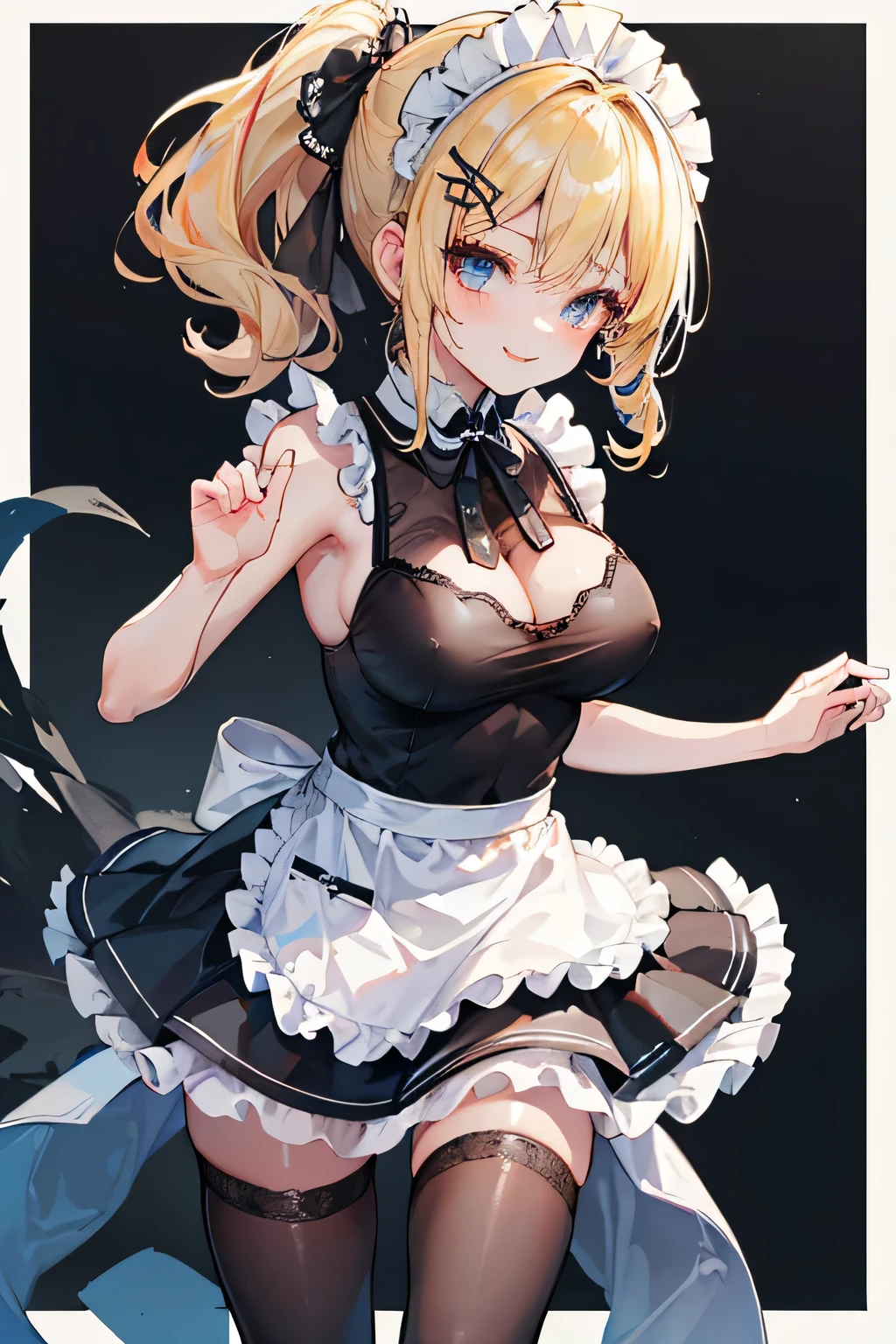 (( top quality)), (( Masterpiece )), ( Details), Slender woman , gal、 ((( Big Breasts、 blonde alone 、 Vagina Bleeding From Ponytail 、Curly hair、Brown Skin、 sunburned skin、 Slender Girl Facing Down Posing 、 abs、Maid、Black Maid outfit、 sleeveless、 Apron Dress 、 black miniskirt 、 black stockings 、 white apron dress 、 Lean forward and take a pose 、smile )))、 Large hair ornament、#woman、transparent BODY STOCKING
see-through, BODY STOCKING