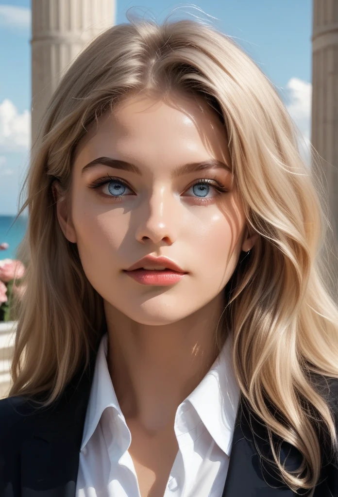   Masterpiece  ,  top quality, (Alone focus), ( perfect face:1.1), ( high detail:1.1), ( ultra-detailed eyes sandwiched between columns), dramatic, 1 person, ( pale skin),   Long Blonde Hair, Psychic Eyes, (Thin eyebrows), Alone,  long hair,  Jordan Barrett, moon,   knight ,  White Luxury Suit , Covered nave,  plump lips , fur,  proud look with roof,  beach ,  detailed background, Art by artgerm,  cinematic lighting, Rose, fashion, Balenciaga style