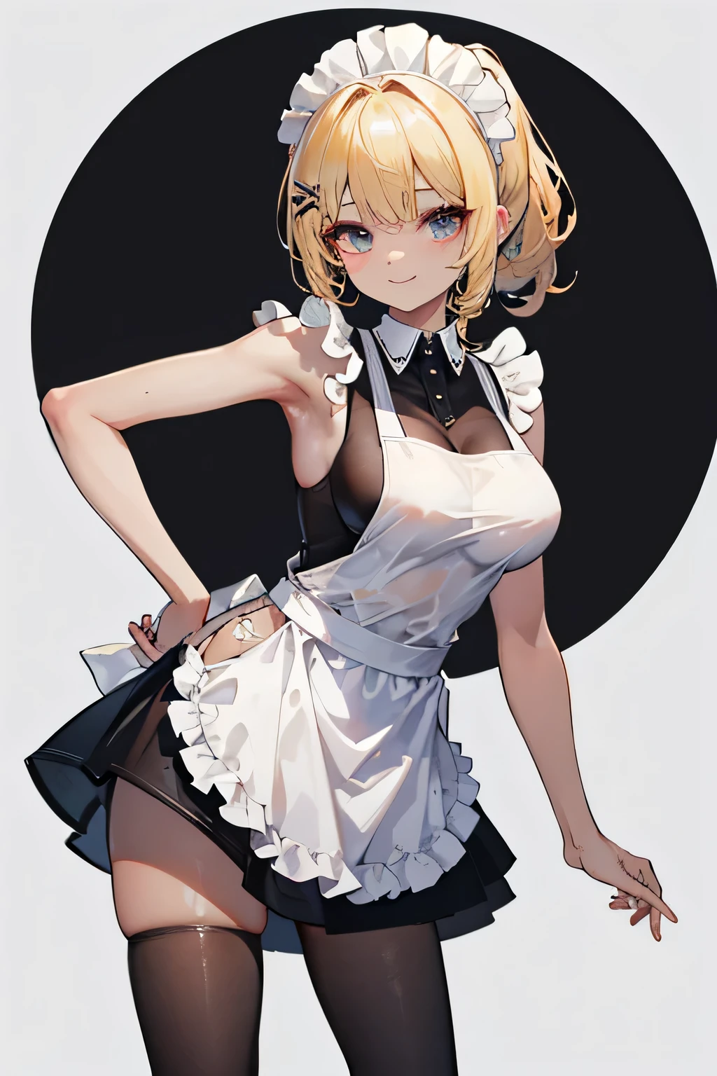 ((               top quality)), ((    Masterpiece   )), (                Details),    Slender woman  , gal、 ((( Big Breasts、 blonde alone        、    Vagina Bleeding From Ponytail    、Curly hair、Brown Skin、   sunburned skin、          Slender Girl Facing Down Posing      、             abs、Maid、Black Maid outfit、            sleeveless、           Apron Dress         、                  black miniskirt   、              black stockings        、             white apron dress 、  Lean forward and take a pose 、smile  )))、  Large hair ornament、#woman、transparent           BODY STOCKING         
see-through,          BODY STOCKING         