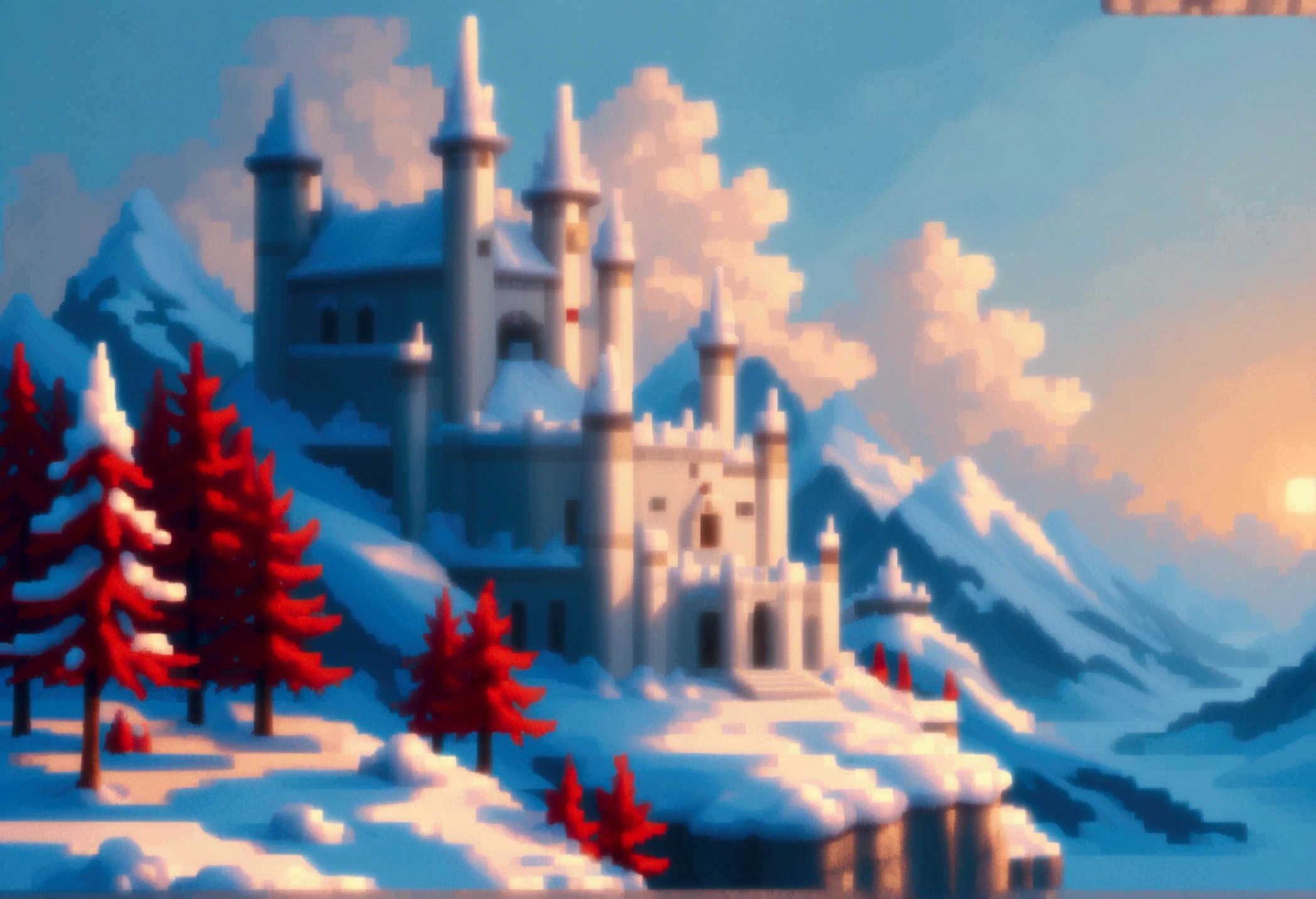 ((Pixel Art: 1.5) score_9, score_8_up, score_7_up, a panoramic award winning photography, Photorealistic, extremely detailed of a castle (made from ice: 1.3) standing on the peak of a snowy mountain, an impressive best detailed castle made from ice (Photorealistic, extremely detailed), with towers, bridges, a moat, standing on top of a snowy mountain (masterpiece, extremely detailed, best quality), with red trees, orange trees, sunset light, some clouds in the air,  alpine mountain range background, best realistic, best details, best quality, 16k, [ultra detailed], masterpiece, best quality, (extremely detailed), ultra wide shot, photorealism, depth of field, made of ais-icebaby, Pixel Art

