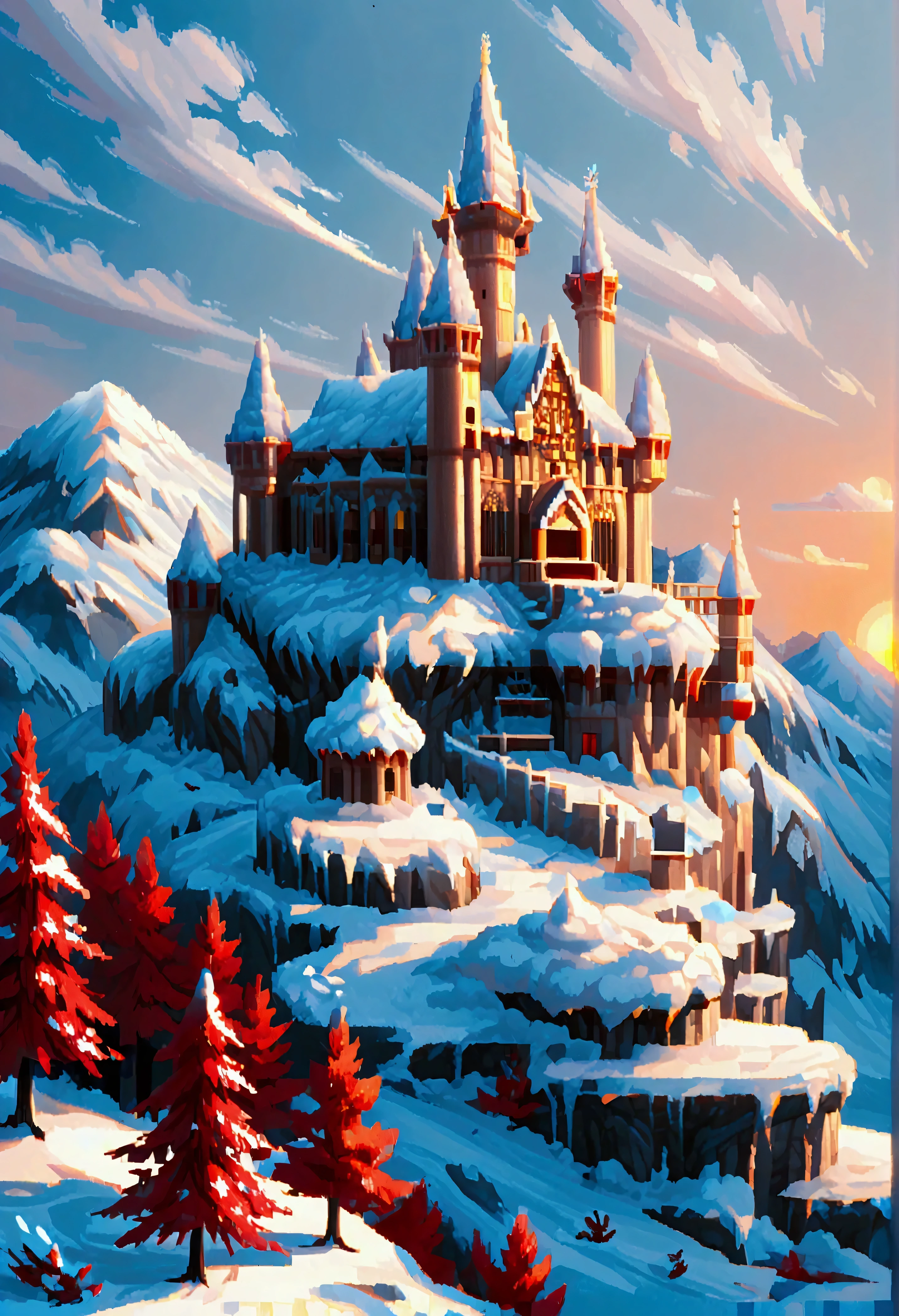 ((Pixel Art: 1.5) score_9, score_8_up, score_7_up, a panoramic award winning photography, Photorealistic, extremely detailed of a castle (made from ice: 1.3) standing on the peak of a snowy mountain, an impressive best detailed castle made from ice (Photorealistic, extremely detailed), with towers, bridges, a moat, standing on top of a snowy mountain (masterpiece, extremely detailed, best quality), with red trees, orange trees, sunset light, some clouds in the air,  alpine mountain range background, best realistic, best details, best quality, 16k, [ultra detailed], masterpiece, best quality, (extremely detailed), ultra wide shot, photorealism, depth of field, made of ais-icebaby, Pixel Art

