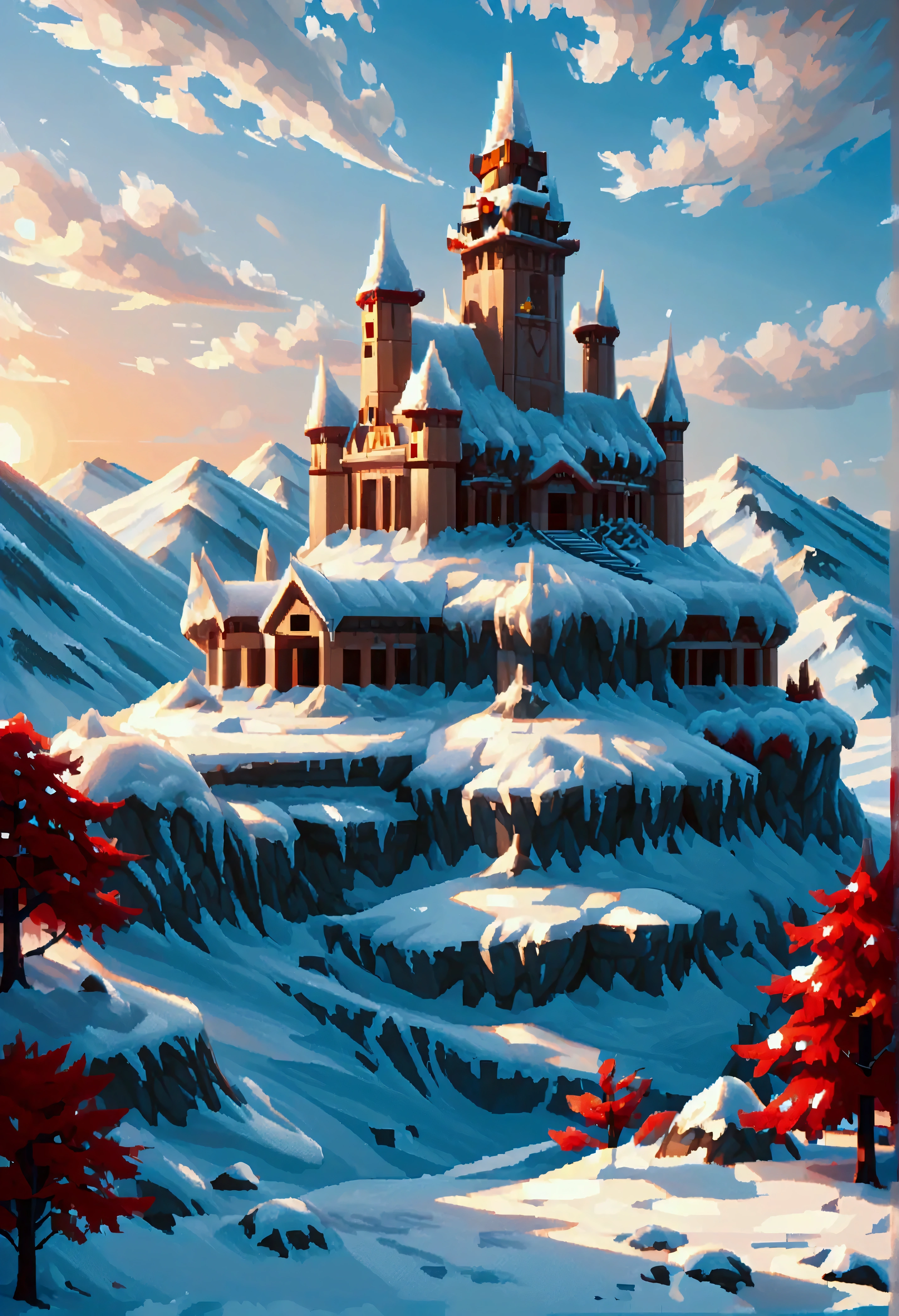 ((Pixel Art: 1.5) score_9, score_8_up, score_7_up, a panoramic award winning photography, Photorealistic, extremely detailed of a castle (made from ice: 1.3) standing on the peak of a snowy mountain, an impressive best detailed castle made from ice (Photorealistic, extremely detailed), with towers, bridges, a moat, standing on top of a snowy mountain (masterpiece, extremely detailed, best quality), with red trees, orange trees, sunset light, some clouds in the air,  alpine mountain range background, best realistic, best details, best quality, 16k, [ultra detailed], masterpiece, best quality, (extremely detailed), ultra wide shot, photorealism, depth of field, made of ais-icebaby, Pixel Art

