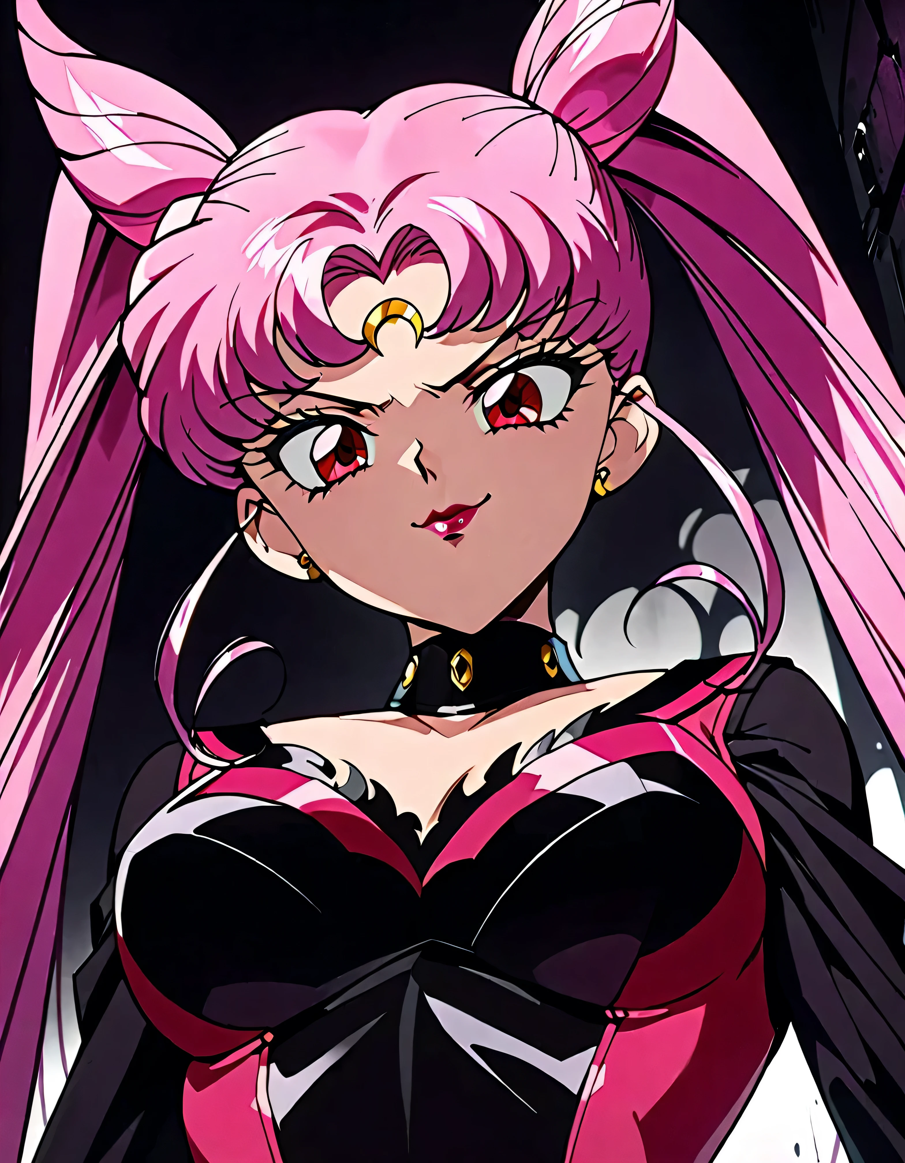  Sailor Moon Wicked Lady, Pink Hair, Red eyes, ,  Black Crescent Moon Mark on Forehead , very evil smirk,beautiful body,shaded face(eyes in evil shadow),((masterpiece,best quality)), absurdes,black dress,upper body,beautiful face,,looking down at viewer,twintail,,Sadistic ridicule,look down,looking down at viewer, ,,from below,close up,Dark Side、Alone.1girl、darkness,wander,cyberpunk,evil and huge black ink swirl background,