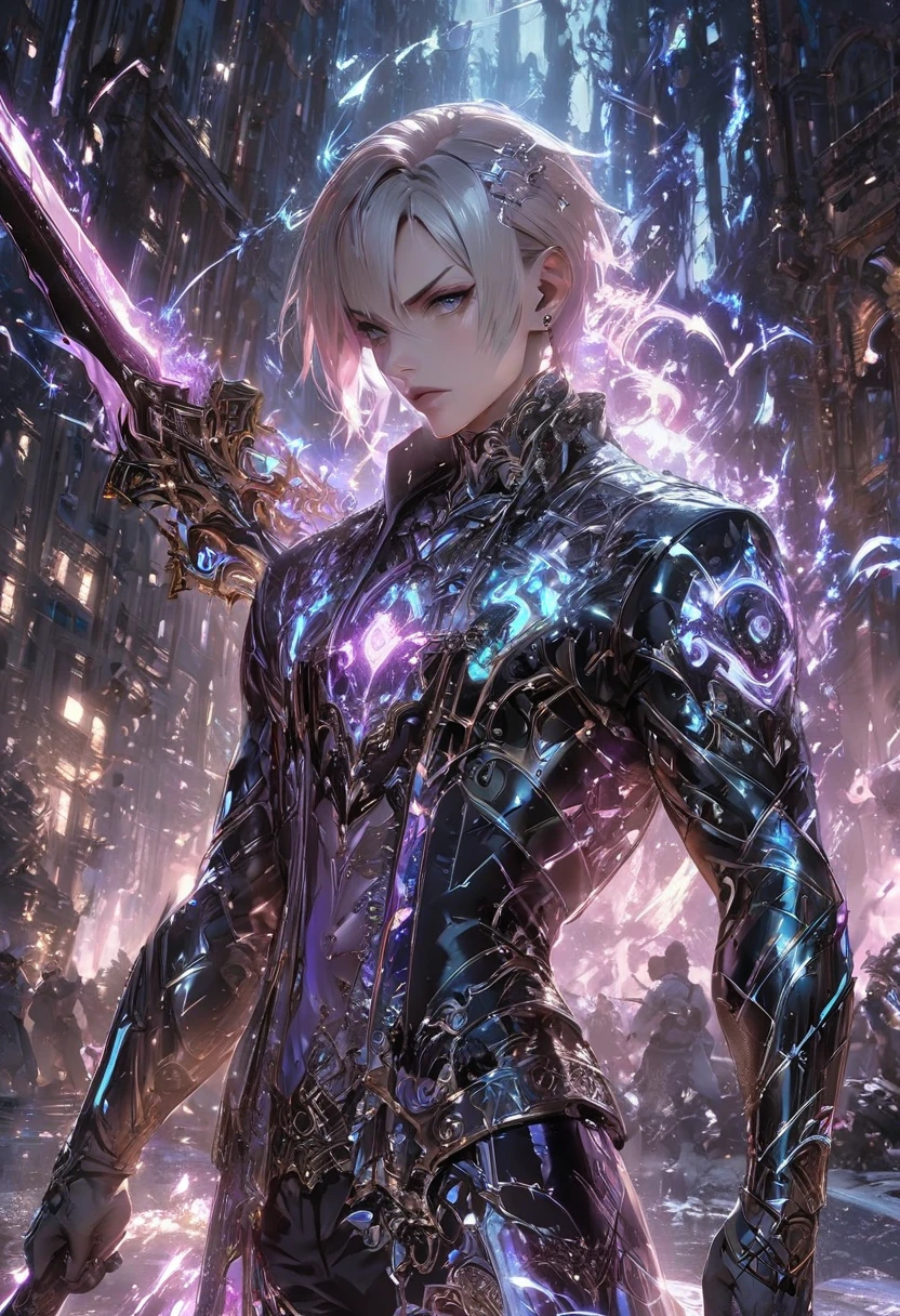 armed,weapon, holding weapon,stylish boy, beauty face, fantasy character, aura art, ethereal atomosphere,interface design, digital artwork, futuristic design, glow neon, glow button, inside futuristic rectangular frame, he fight with glowing sword, global illuminaton, energy burst from sword, masterpiece, ultra quality, best quality, 8k ,4k, hdr, detailed animation,