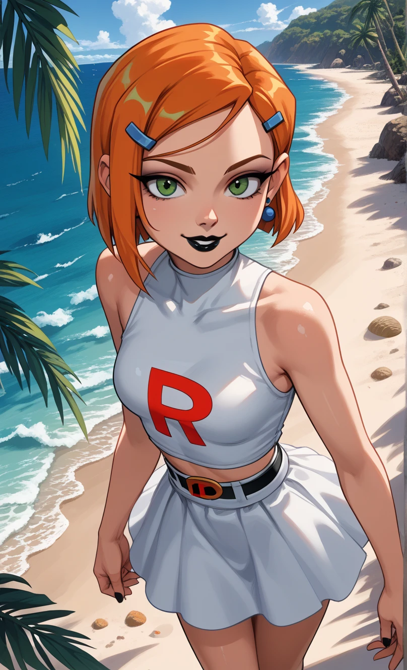 score_9_above,score_8_above,score_6,score_5,score_4,1 ,source_cartoon,Gwen- the queen_Tennyson,Ben_10,green_eyes,orange_Hair, incredible composition , amazing lighting, smiling, detailed historical , shiny skin, outdoor,beach, ocean,palm tree,Black Lipstick,uniforme do Team Rocket,white skirt,White sleeveless shirt,diaphragm,