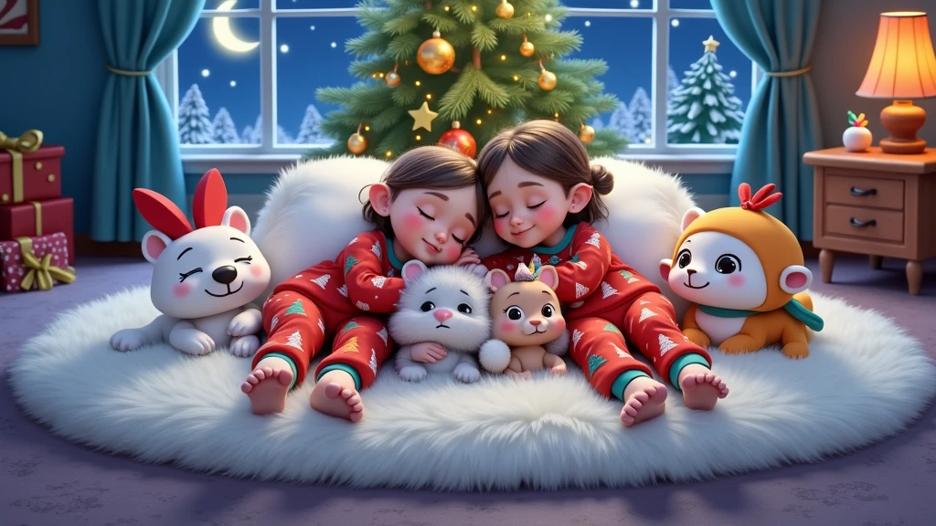 A cozy and magical scene inspired by Disney Pixar movies, posters, and 3D characters, rendered in high resolution and quality. Two siblings are lying down, peacefully sleeping on a fluffy white carpet. The boy is wearing red Christmas-themed pajamas with tree motifs, and the girl is dressed in a similar outfit, featuring a colorful feather earring. Both wear white shirts and red sweatshirts, along with white socks decorated with Christmas patterns. They are hugging each other with serene expressions and closed eyes. Around them, on the same carpet, four small animals are also peacefully sleeping with their eyes closed, all dressed in Christmas outfits: a blue kitten, a yellow kitten wearing a red-and-white Santa hat with a bell design, a pink kitten with a floral Christmas crown, and a Lhasa Apso puppy with white fur and caramel patches on its eyes and paws. In the background, a large window reveals a magical starry night, with one star shining brighter and more intensely than the rest, illuminating the scene. The setting is fully decorated in a Christmas atmosphere, featuring a Christmas tree and gifts nearby. Every detail enhances the warmth and magic of the holiday season.