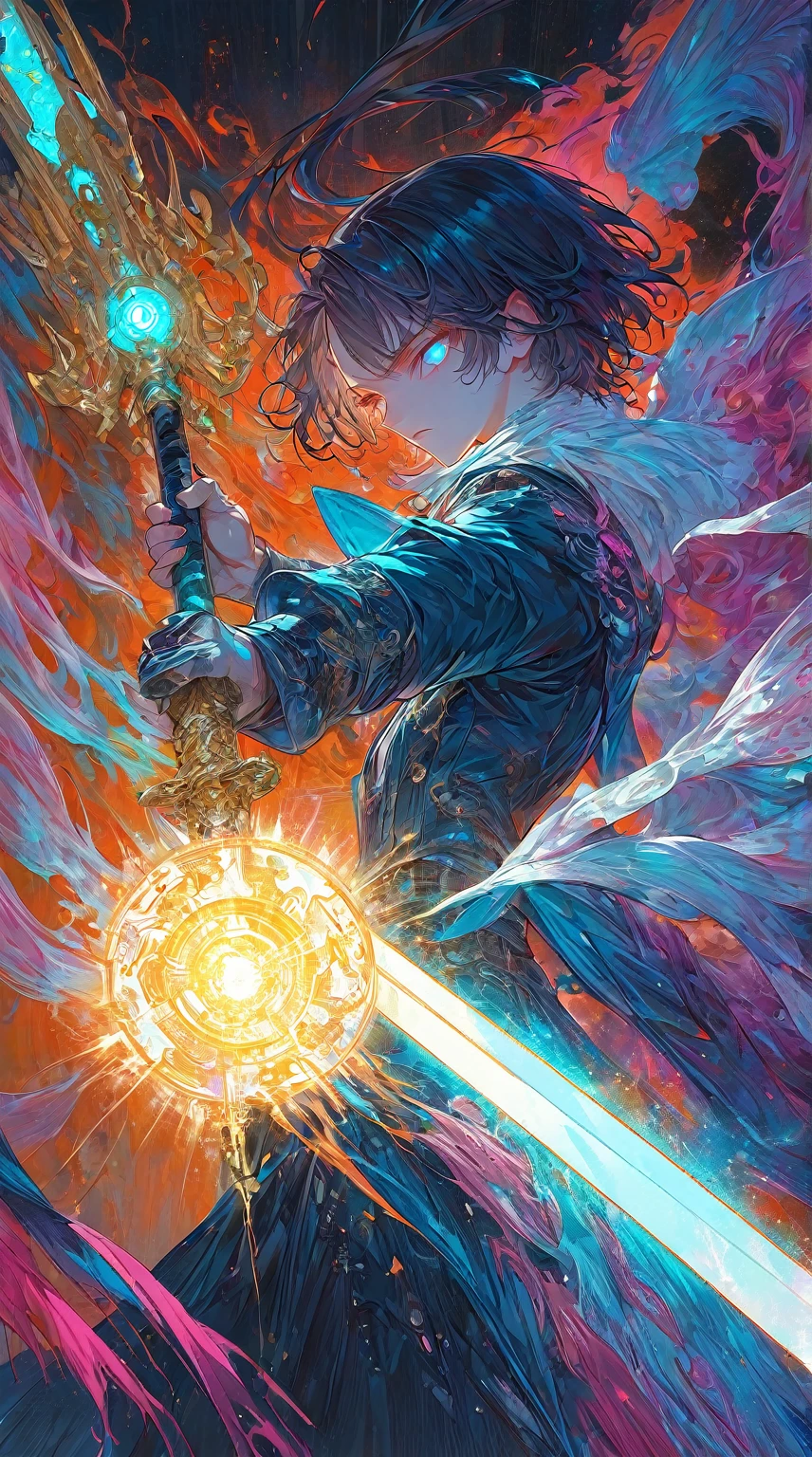 armed,weapon, holding weapon,stylish boy, beauty face, fantasy character, aura art, ethereal atomosphere,interface design, digital artwork, futuristic design, glow neon, glow button, inside futuristic rectangular frame, he fight with glowing sword, global illuminaton, energy burst from sword, Moebius (Jean Giraud) Style page, very detailed,intricate aura art,
