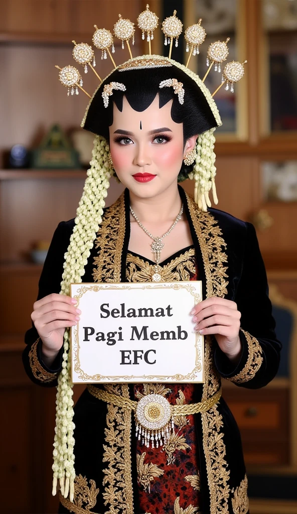 a Indonesian  woman hijab , huge ass with big booty, with largest breast,big boobs,atmosphere in the garden, from front side,holding white board with teks"PINJAM DULU LIMAPULUH PULUH"