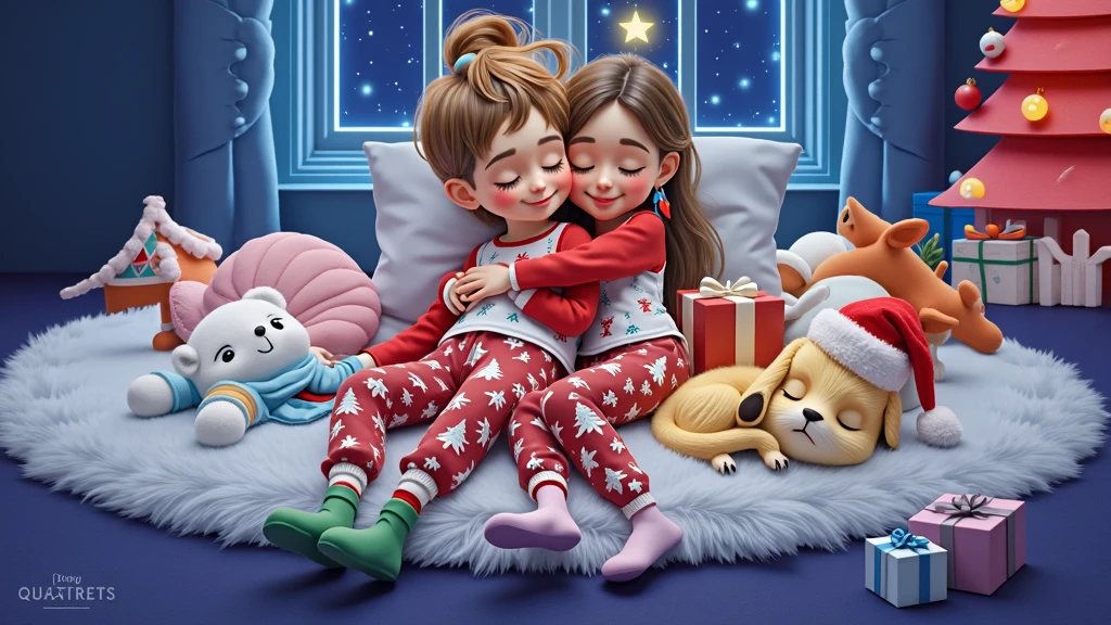 A cozy and magical scene inspired by Disney Pixar movies, posters, and 3D characters, rendered in high resolution and quality. Two siblings are lying down, peacefully sleeping on a fluffy white carpet. The boy is wearing red Christmas-themed pajamas with tree motifs, and the girl is dressed in a similar outfit, featuring a colorful feather earring. Both wear white shirts and red sweatshirts, along with white socks decorated with Christmas patterns. They are hugging each other with serene expressions and closed eyes. Around them, on the same carpet, four small animals are also peacefully sleeping with their eyes closed, all dressed in Christmas outfits: a blue kitten, a yellow kitten wearing a red-and-white Santa hat with a bell design, a pink kitten with a floral Christmas crown, and a Lhasa Apso puppy with white fur and caramel patches on its eyes and paws. In the background, a large window reveals a magical starry night, with one star shining brighter and more intensely than the rest, illuminating the scene. The setting is fully decorated in a Christmas atmosphere, featuring a Christmas tree and gifts nearby. Every detail enhances the warmth and magic of the holiday season.