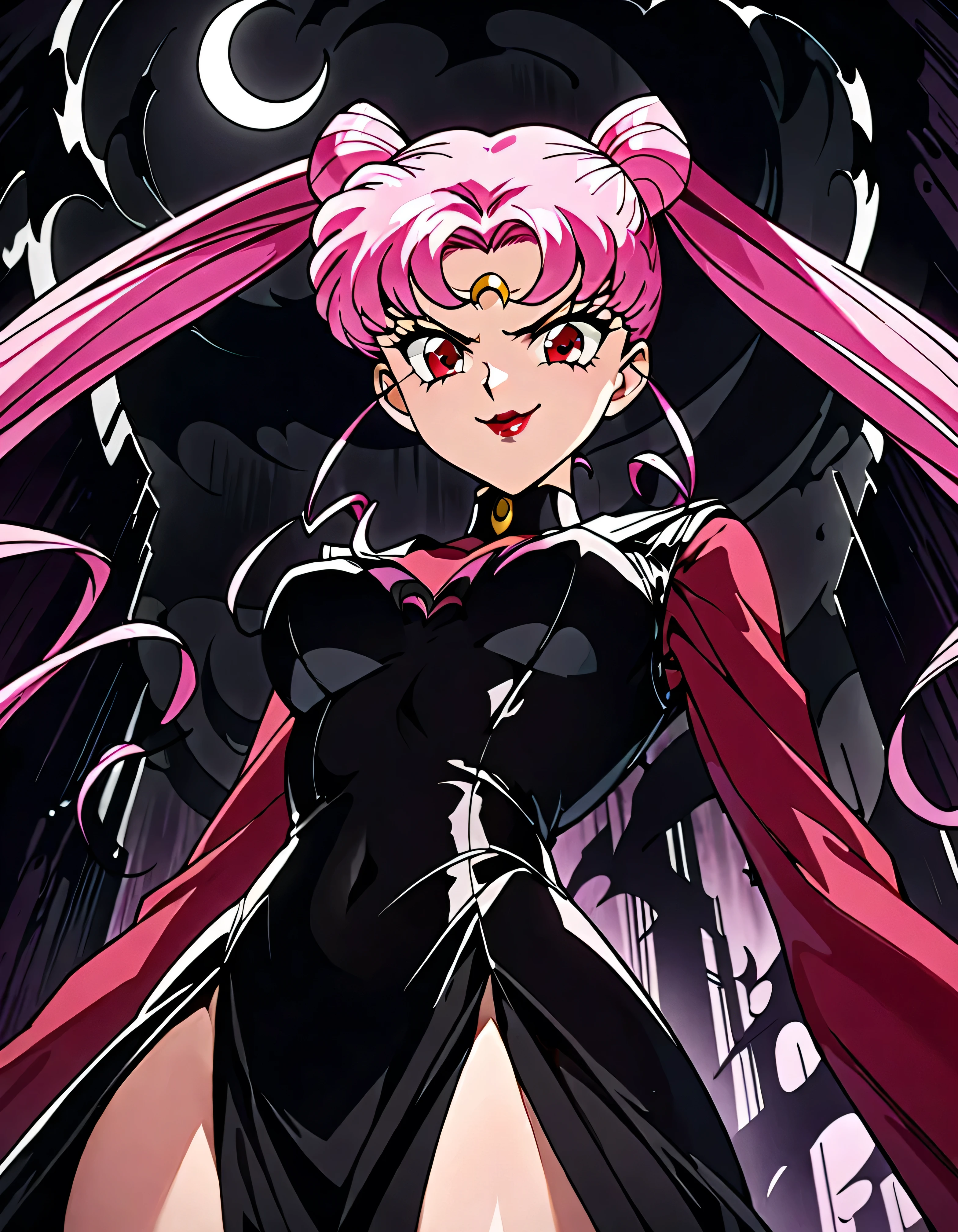  Sailor Moon Wicked Lady, Pink Hair, Red eyes, ,  Black Crescent Moon Mark on Forehead , very evil smirk,beautiful body,shaded face(eyes in evil shadow),((masterpiece,best quality)), absurdes,black dress,upper body,beautiful face,,looking down at viewer,twintail,,Sadistic ridicule,look down,looking down at viewer, ,,from below,close up,Dark Side、Alone.1girl、darkness,wander,cyberpunk,evil and huge black ink swirl background,