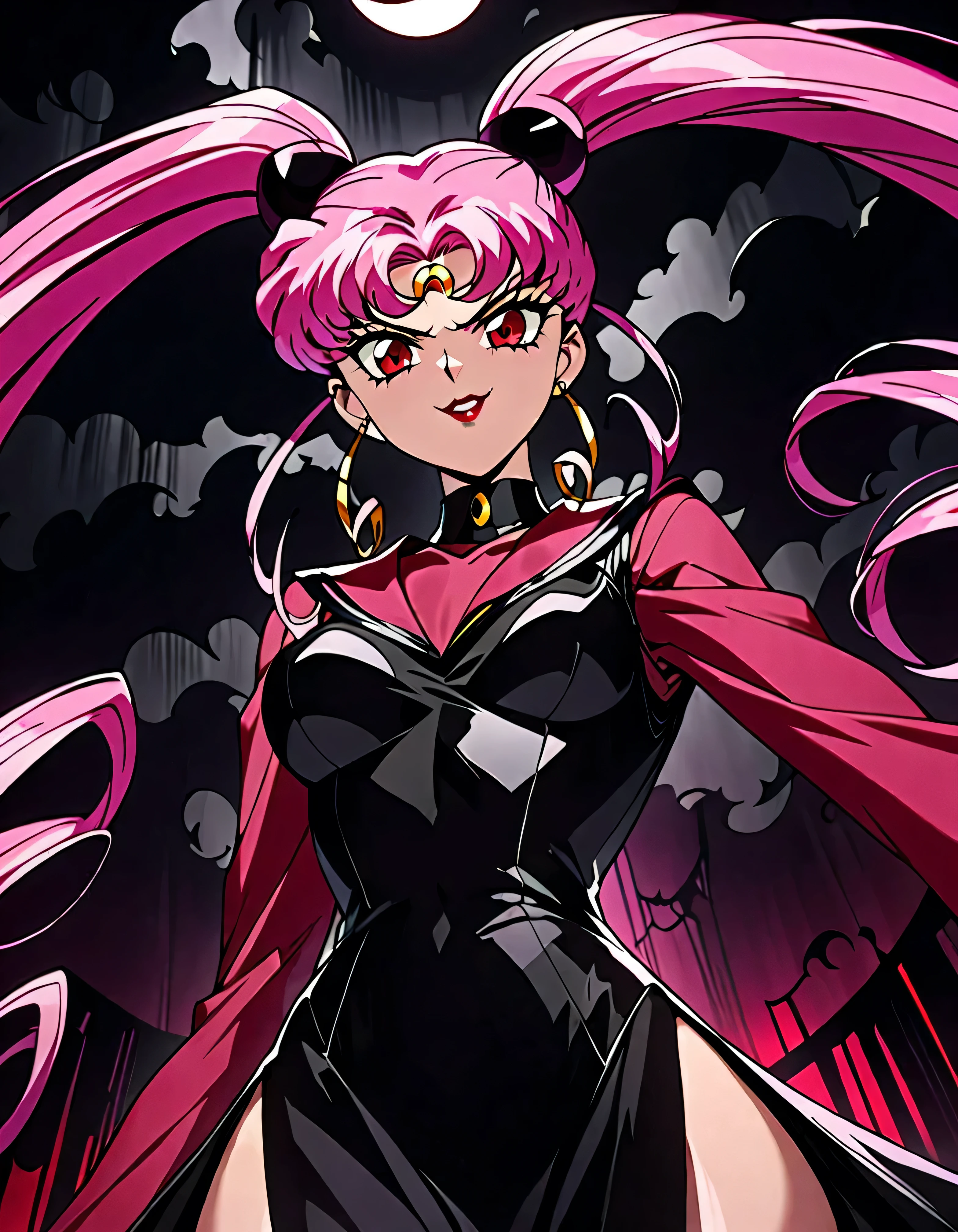  Sailor Moon Wicked Lady, Pink Hair, Red eyes, ,  Black Crescent Moon Mark on Forehead , very evil smirk,beautiful body,shaded face(eyes in evil shadow),((masterpiece,best quality)), absurdes,black dress,upper body,beautiful face,,looking down at viewer,twintail,,Sadistic ridicule,look down,looking down at viewer, ,,from below,close up,Dark Side、Alone.1girl、darkness,wander,cyberpunk,evil and huge black ink swirl background,