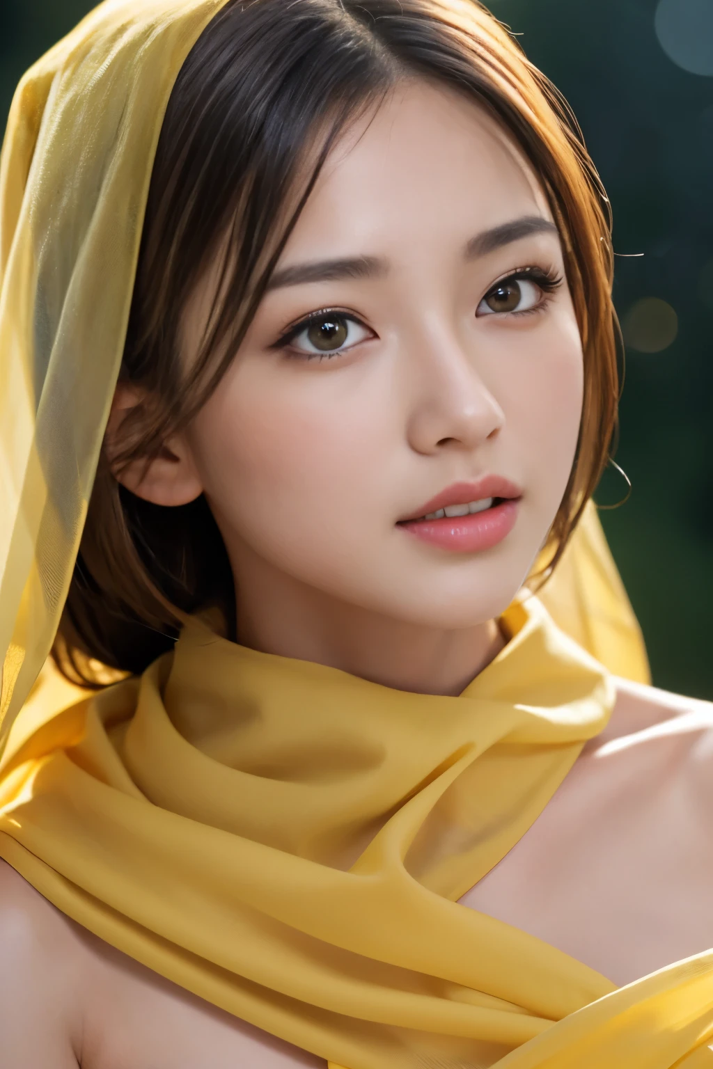 Tabletop, highest quality, figure, Very detailed, In detail, High resolution, 8k wallpaper, Perfect dynamic composition, Face without makeup, Transparent muscle, Beautiful fine details, Naked in the yellow cloth, Sexy Face, (Open your mouth:0.8), Dazzling white light background