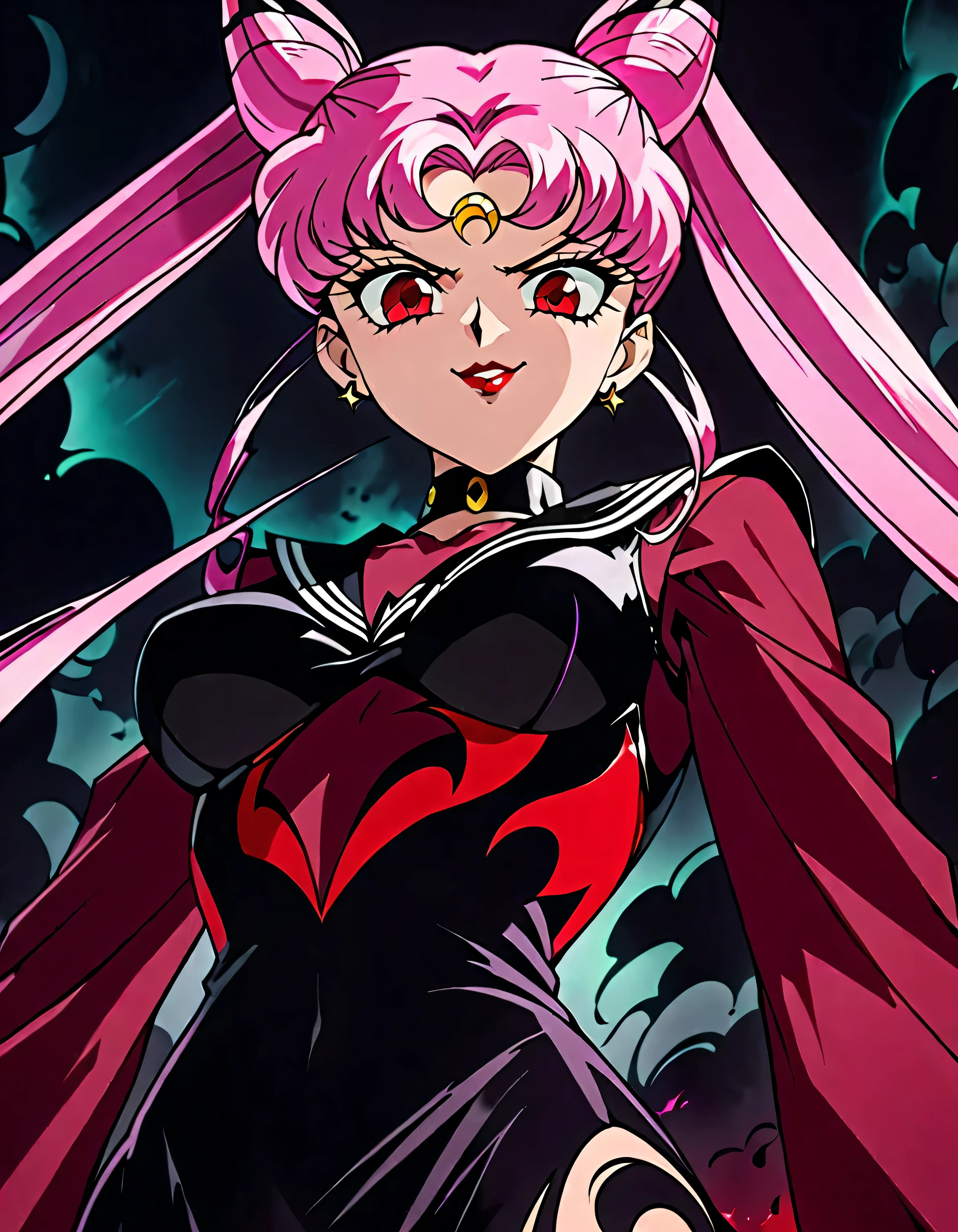  Sailor Moon Wicked Lady, Pink Hair, Red eyes, ,  Black Crescent Moon Mark on Forehead , very evil smirk,beautiful body,shaded face(eyes in evil shadow),((masterpiece,best quality)), absurdes,black dress,upper body,beautiful face,,looking down at viewer,twintail,,Sadistic ridicule,look down,looking down at viewer, ,,from below,close up,Dark Side、Alone.1girl、darkness,wander,cyberpunk,evil and huge black ink swirl background,