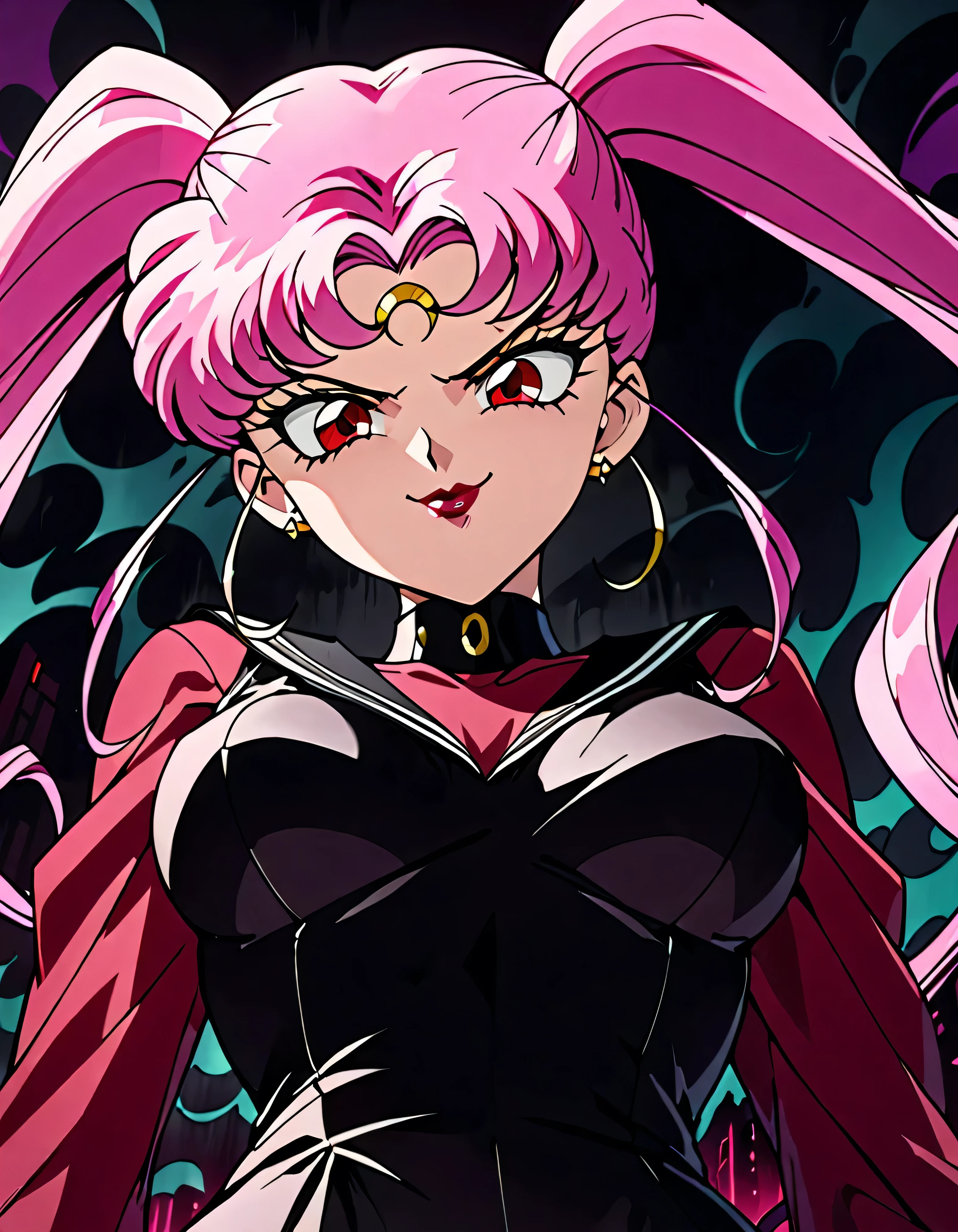  Sailor Moon Wicked Lady, Pink Hair, Red eyes, ,  Black Crescent Moon Mark on Forehead , very evil smirk,beautiful body,shaded face(eyes in evil shadow),((masterpiece,best quality)), absurdes,black dress,upper body,beautiful face,,looking down at viewer,twintail,,Sadistic ridicule,look down,looking down at viewer, ,,from below,close up,Dark Side、Alone.1girl、darkness,wander,cyberpunk,evil and huge black ink swirl background,smfw,