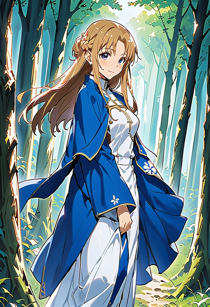 White dress and cape ,  A girl wearing a blue cloak priest's uniform is walking through the woods, As Yuuki, Anime Goddess,  Asuna from Sword Art Online , Fate/ anime style like Night , Alchemist Girl , Light novel cover picture , Epic light novel art cover ,  Cute Girl Anime Visual ,   anime best girl  ,  detailed anime vagina  , Great anime, Female anime characters