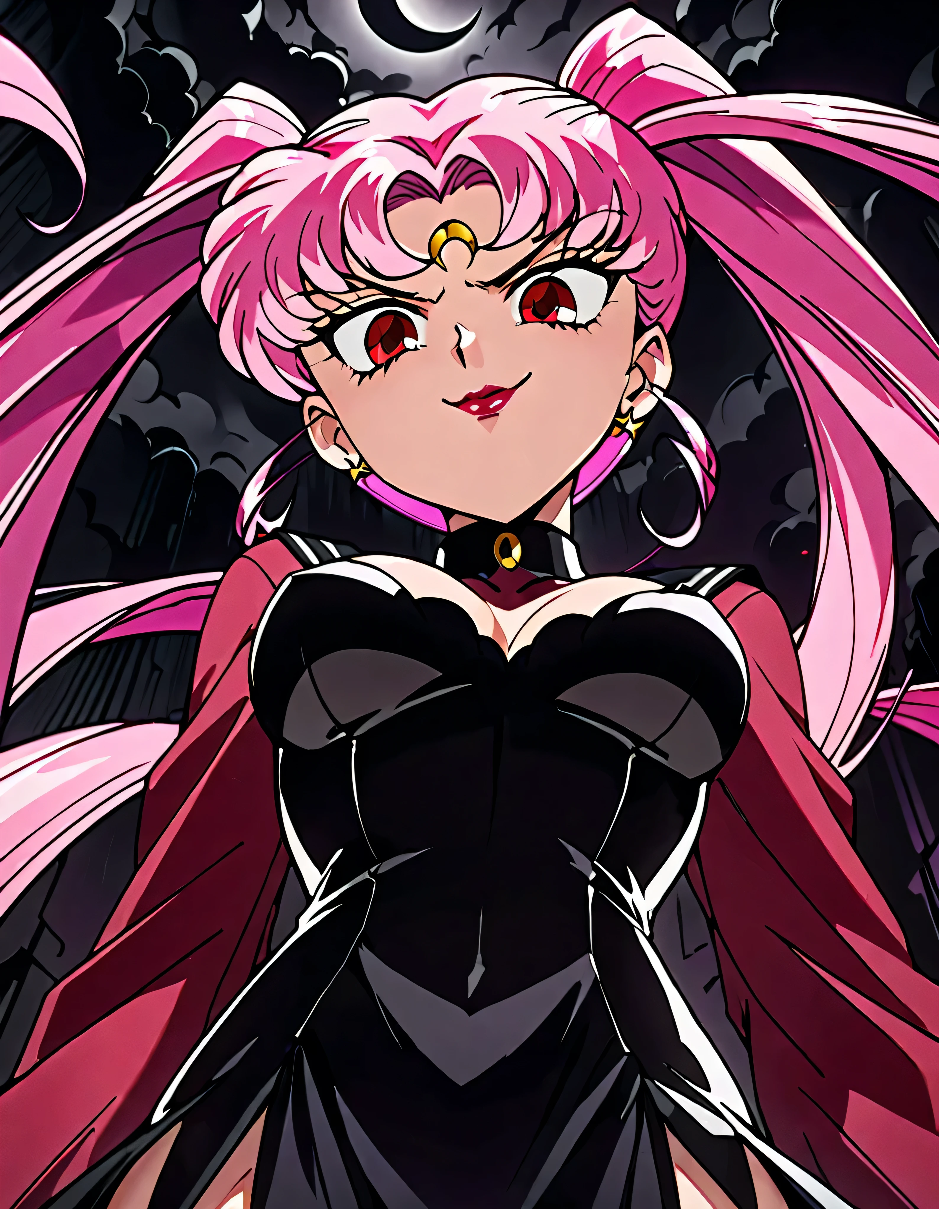  Sailor Moon Wicked Lady, Pink Hair, Red eyes, ,  Black Crescent Moon Mark on Forehead , very evil smirk,beautiful body,shaded face(eyes in evil shadow),((masterpiece,best quality)), absurdes,black dress,upper body,beautiful face,,looking down at viewer,twintail,,Sadistic ridicule,look down,looking down at viewer, ,,from below,close up,Dark Side、Alone.1girl、darkness,wander,cyberpunk,evil and huge black ink swirl background,smfw,