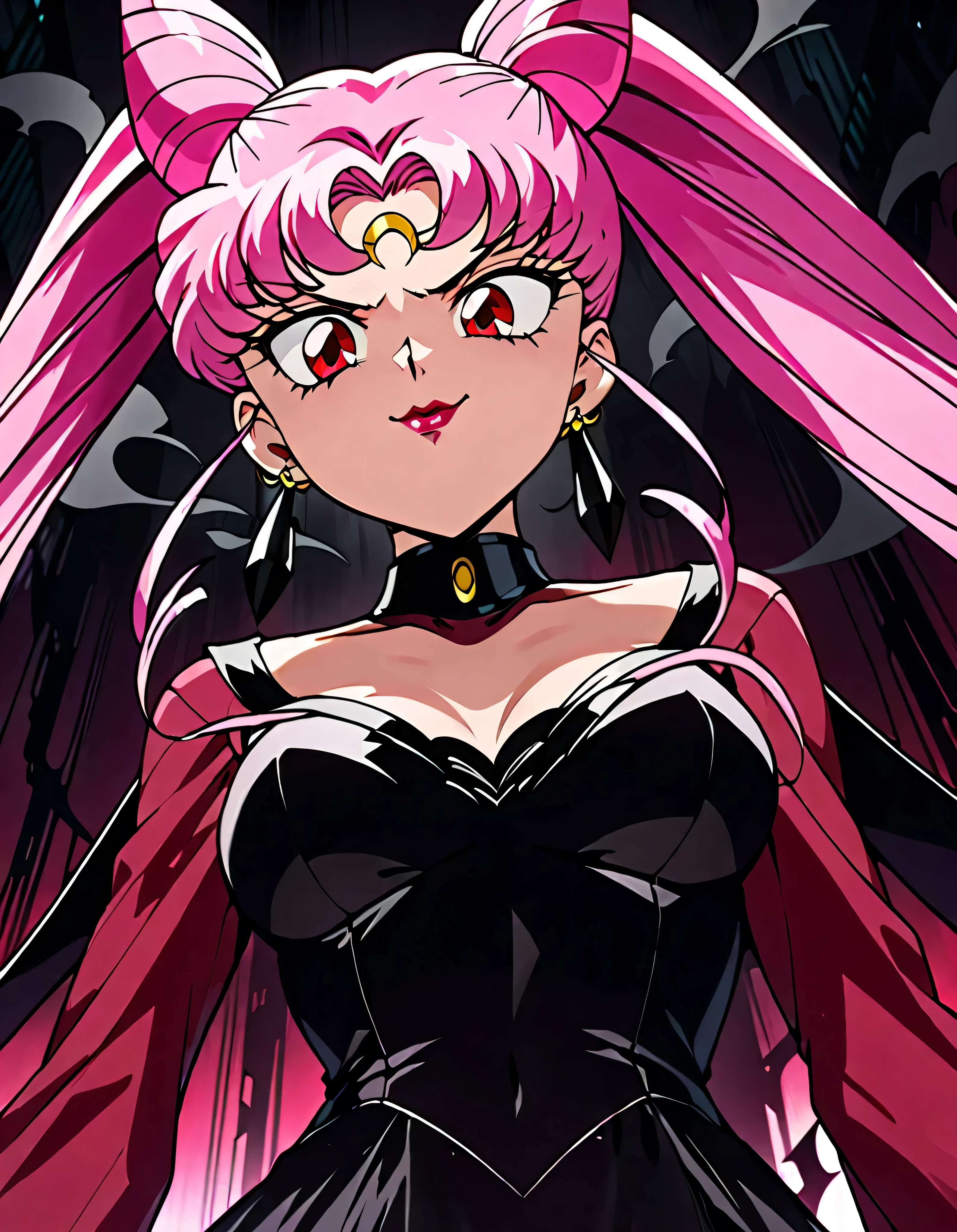  Sailor Moon Wicked Lady, Pink Hair, Red eyes, ,  Black Crescent Moon Mark on Forehead , very evil smirk,beautiful body,shaded face(eyes in evil shadow),((masterpiece,best quality)), absurdes,black dress,upper body,beautiful face,,looking down at viewer,twintail,,Sadistic ridicule,look down,looking down at viewer, ,,from below,close up,Dark Side、Alone.1girl、darkness,wander,cyberpunk,evil and huge black ink swirl background,smfw,