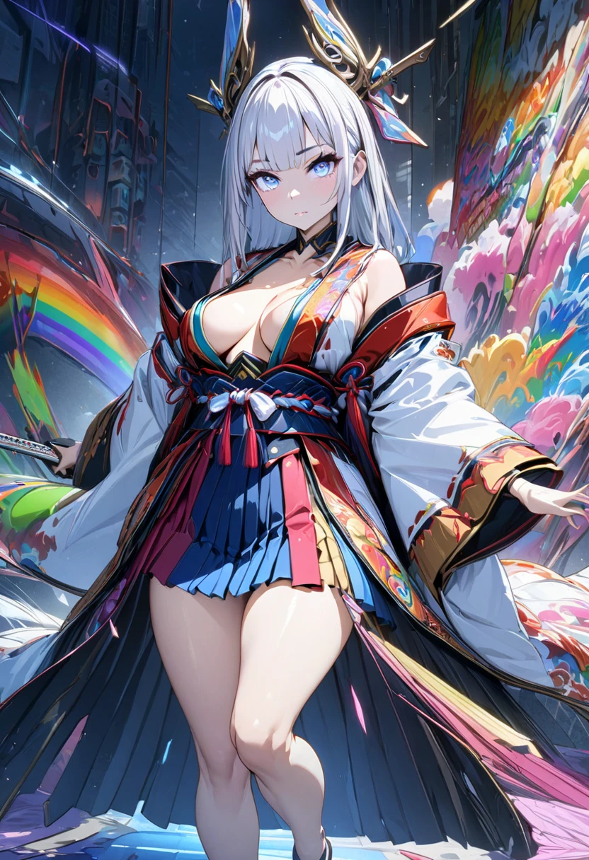 (masterpiece,  best quality :1.2,UHD,High Resolution,Extremely detailed depiction、8k、 Details)、 1 girl , Alone、(( beautiful eyes)),Highly revealing kimono, has a sword、 hold the weapon in front、 Japanese style taste 、rainbow graffiti、wallpaper、 cool pose