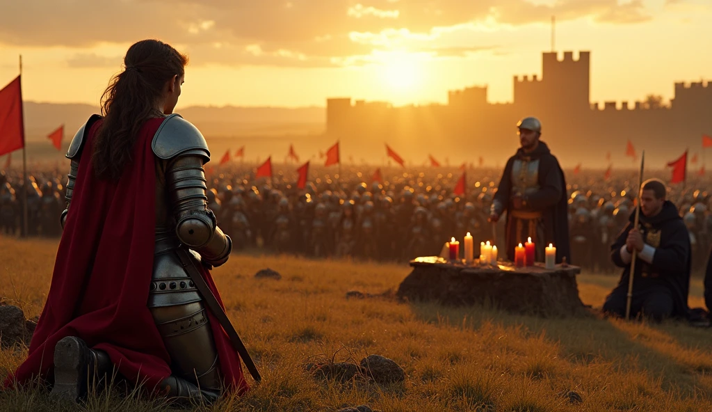 A brave knight faces an army of invaders amid a destroyed setting of a burning medieval castle. The knight's sword glows under the setting sun as he leads one last desperate attack to defend his kingdom.