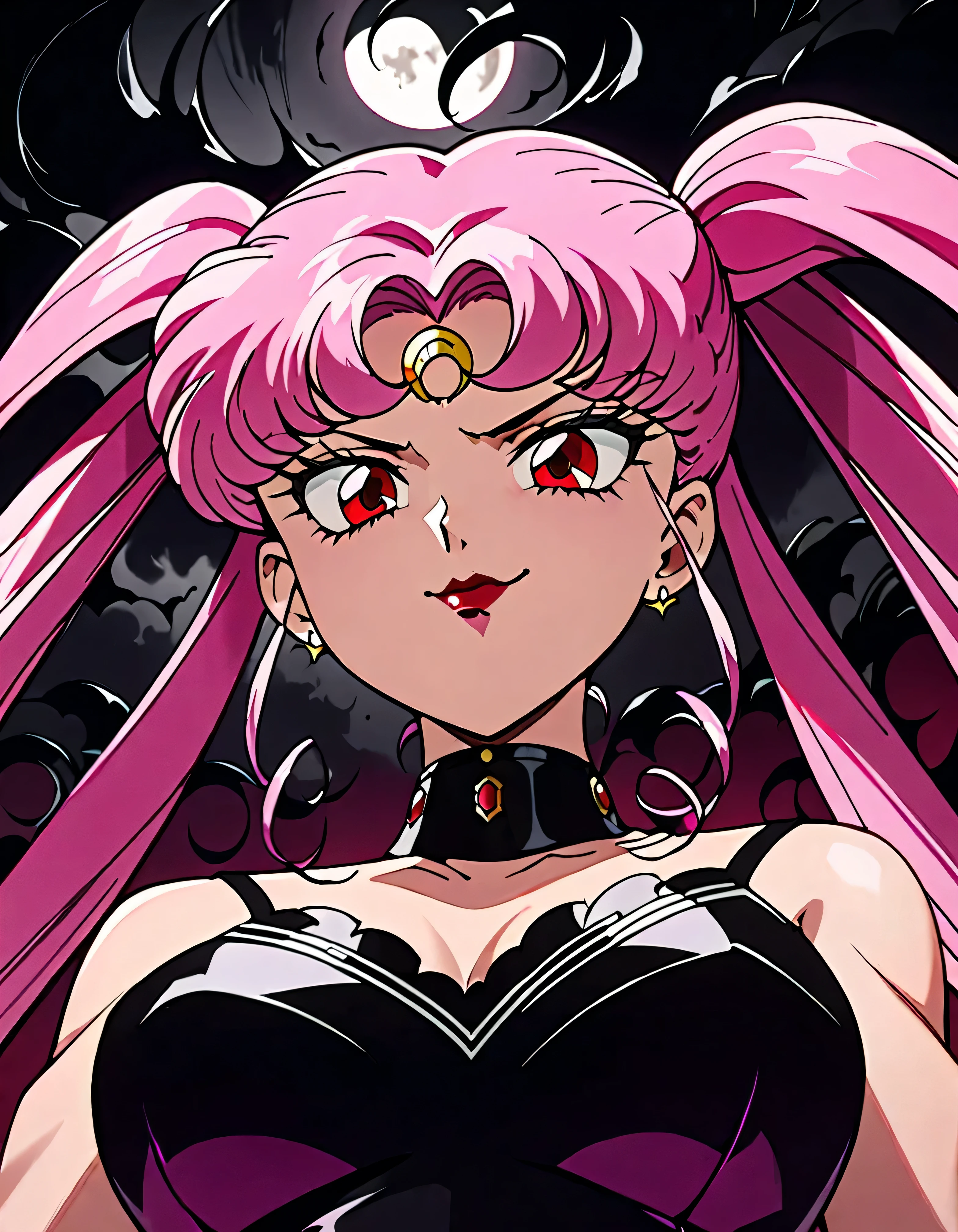  Sailor Moon Wicked Lady, Pink Hair, Red eyes, ,  Black Crescent Moon Mark on Forehead , very evil smirk,beautiful body,shaded face(eyes in evil shadow),((masterpiece,best quality)), absurdes,black dress,upper body,beautiful face,,looking down at viewer,twintail,,Sadistic ridicule,look down,looking down at viewer, ,,from below,close up,Dark Side、Alone.1girl、darkness,wander,cyberpunk,evil and huge black ink swirl background,smfw,