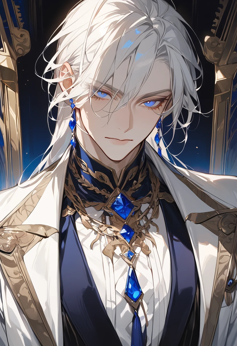 Handsome, solo, 1 male, long hair, white hair, with two different eye colors on his face: blue on the right and pink on the left, wearing a black shirt, black and white suit, sitting on a golden chair with extremely beautiful and majestic dragon-engraved details.
