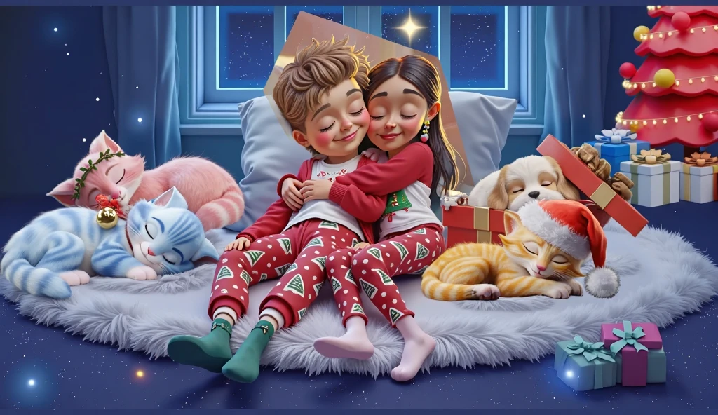 A cozy and magical scene inspired by Disney Pixar movies, posters, and 3D characters, rendered in high resolution and quality. Two siblings are lying down, peacefully sleeping on a fluffy white carpet. The boy is wearing red Christmas-themed pajamas with tree motifs, and the girl is dressed in a similar outfit, featuring a colorful feather earring. Both wear white shirts and red sweatshirts, along with white socks decorated with Christmas patterns. They are hugging each other with serene expressions and closed eyes. Around them, on the same carpet, four small animals are also peacefully sleeping with their eyes closed, all dressed in Christmas outfits: a blue kitten, a yellow kitten wearing a red-and-white Santa hat with a bell design, a pink kitten with a floral Christmas crown, and a Lhasa Apso puppy with white fur and caramel patches on its eyes and paws. In the background, a large window reveals a magical starry night, with one star shining brighter and more intensely than the rest, illuminating the scene. The setting is fully decorated in a Christmas atmosphere, featuring a Christmas tree and gifts nearby. Every detail enhances the warmth and magic of the holiday season.