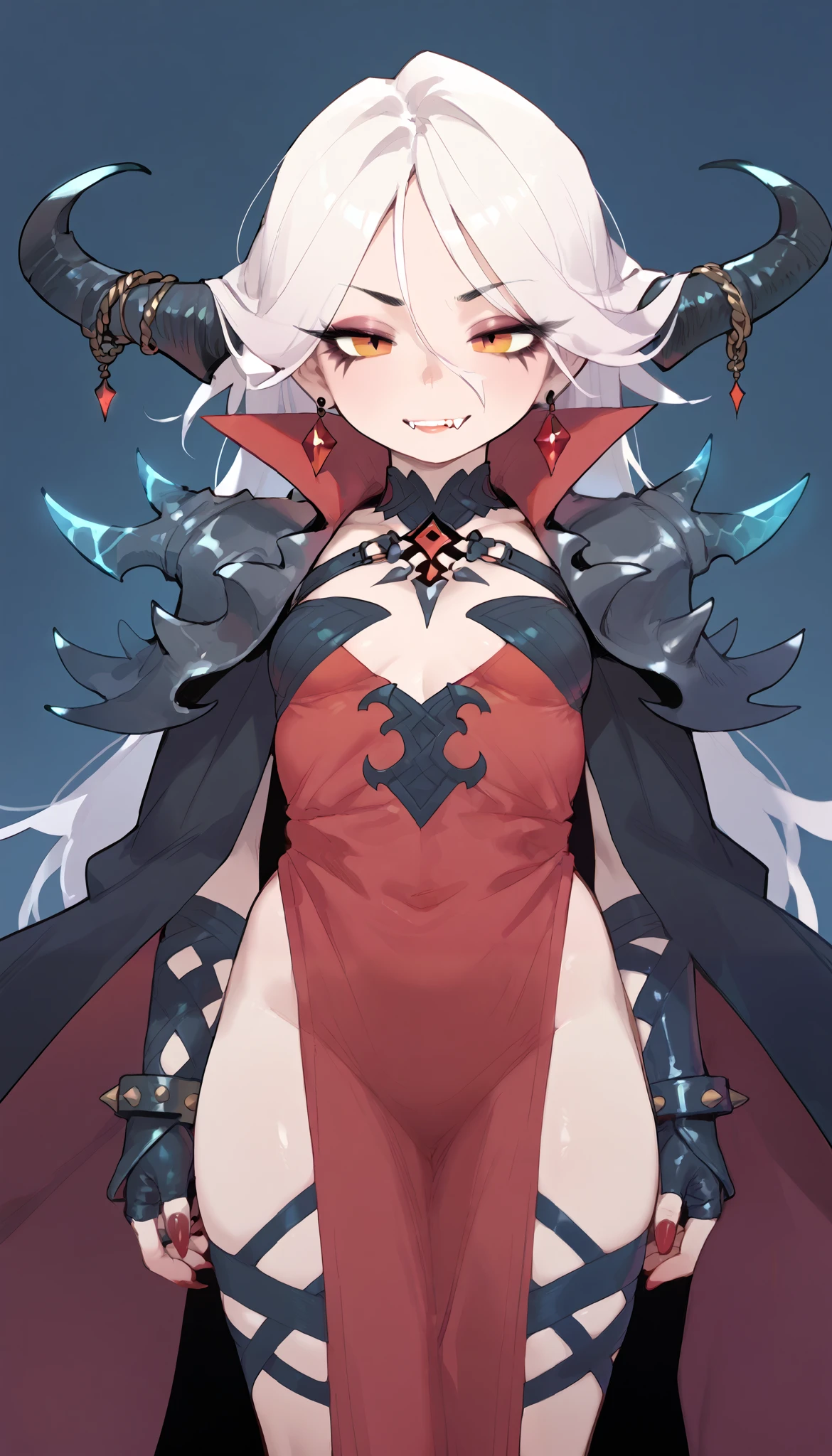1girl, solo, horns, long hair, pointy ears, looking at viewer, closed mouth, large breasts, breasts, cleavage, ass visible through thighs, hair between eyes, navel, holding weapon, staff, gradient, grey background, gradient background, cowboy shot,best quality,amazing quality,very aesthetic,absurdres,