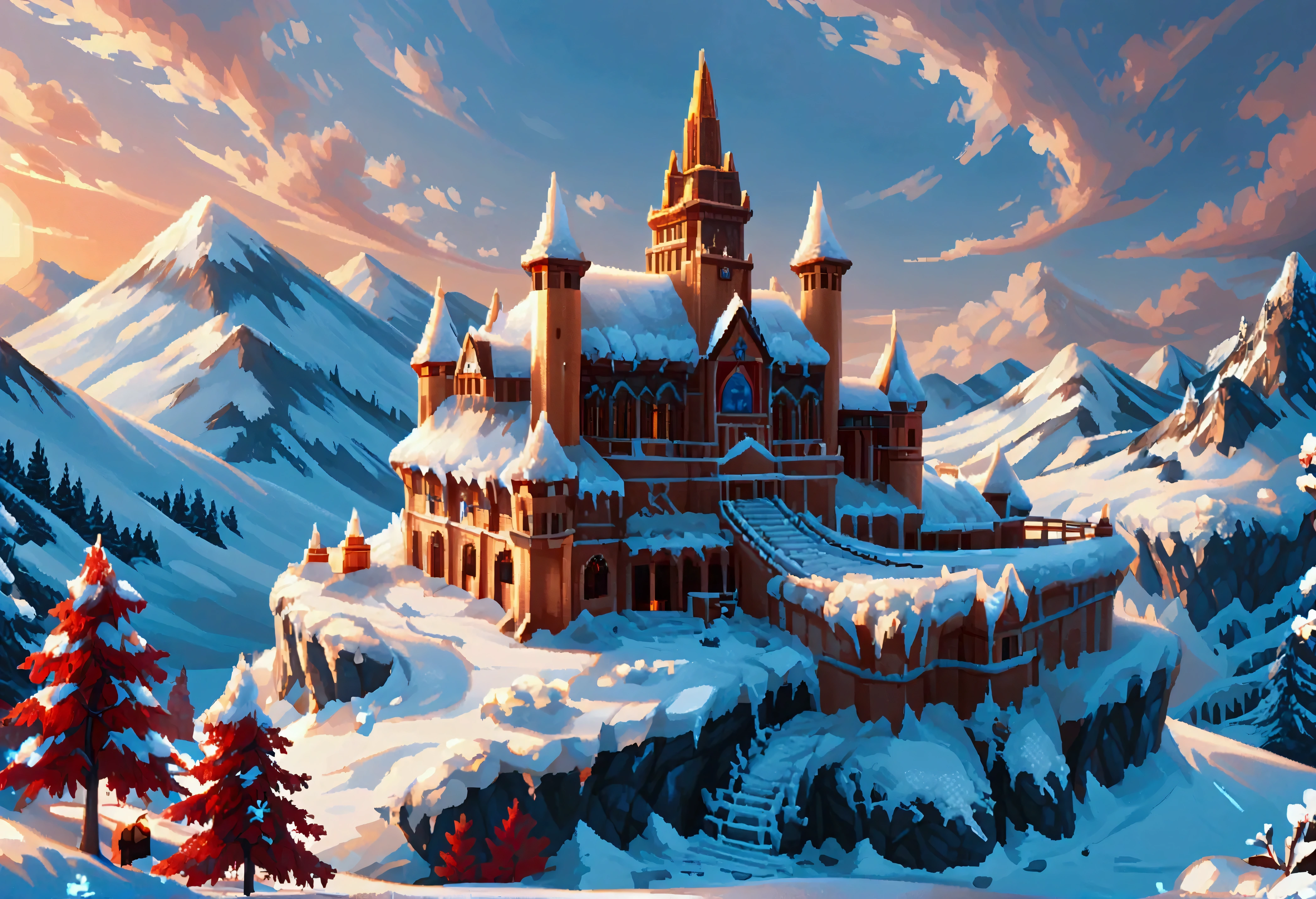 ((Pixel Art: 1.5) score_9, score_8_up, score_7_up, a panoramic award winning photography, Photorealistic, extremely detailed of a castle (made from ice: 1.3) standing on the peak of a snowy mountain, an impressive best detailed castle made from ice (Photorealistic, extremely detailed), with towers, bridges, a moat, standing on top of a snowy mountain (masterpiece, extremely detailed, best quality), with red trees, orange trees, sunset light, some clouds in the air,  alpine mountain range background, best realistic, best details, best quality, 16k, [ultra detailed], masterpiece, best quality, (extremely detailed), ultra wide shot, photorealism, depth of field, made of ais-icebaby, Pixel Art

